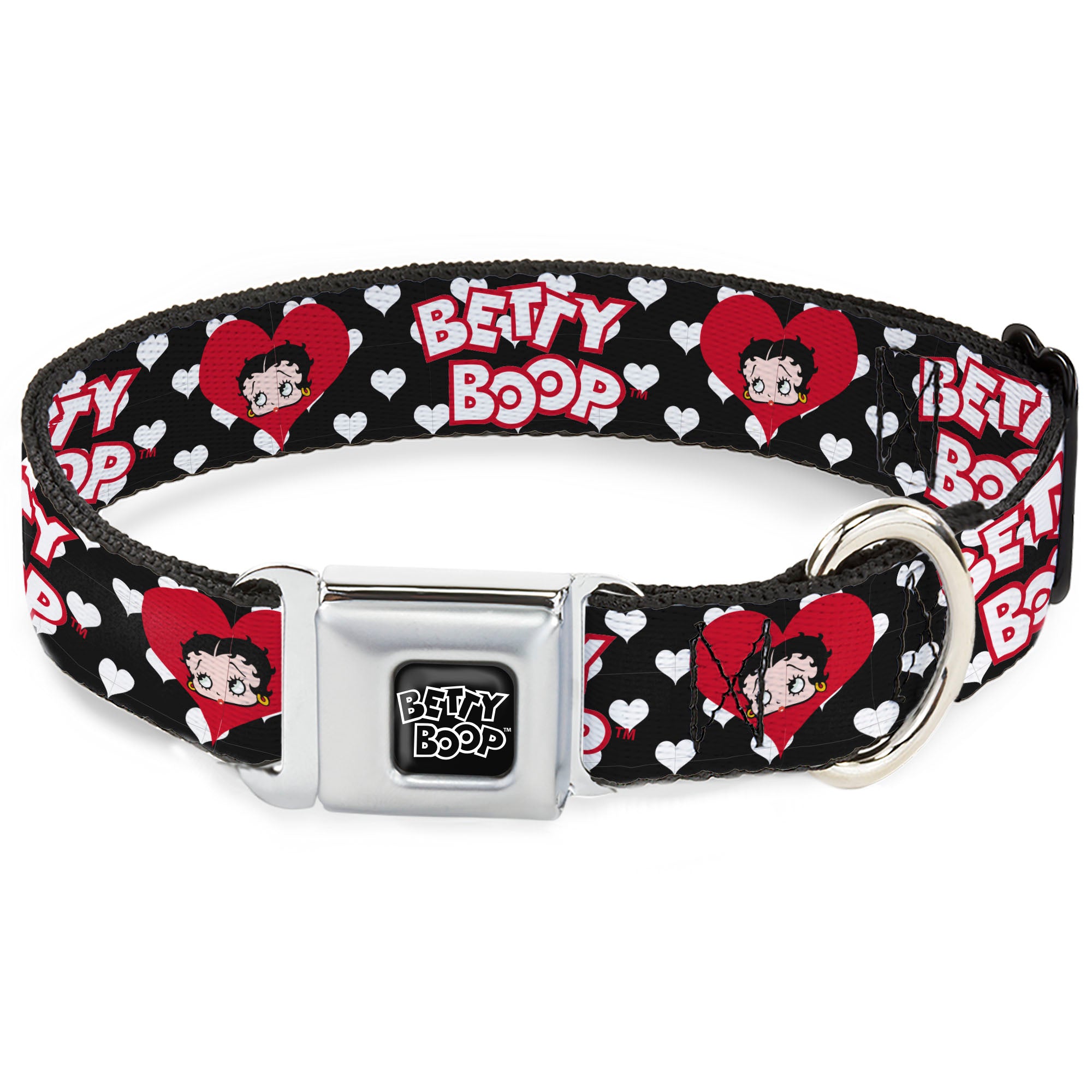 BETTY BOOP Text Heart Logo Full Color Black/White Seatbelt Buckle Collar - BETTY BOOP Face and Text Hearts Black/White/Red Seatbelt Buckle Collars Betty Boop