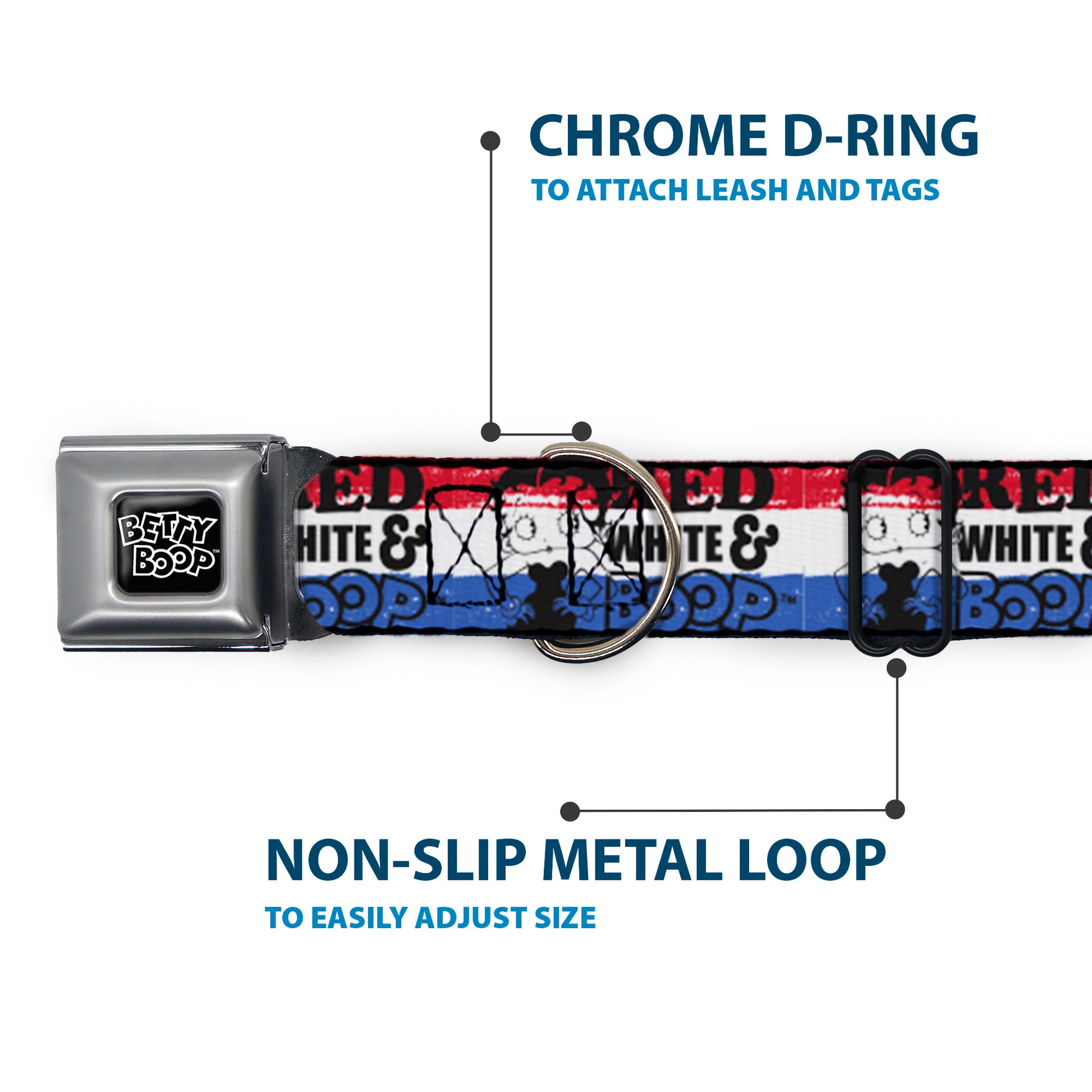 BETTY BOOP Text Heart Logo Full Color Black/White Seatbelt Buckle Collar - Betty Boop RED WHITE & BOOP Pose Americana Stripe Red/White/Blue/Black Seatbelt Buckle Collars Betty Boop