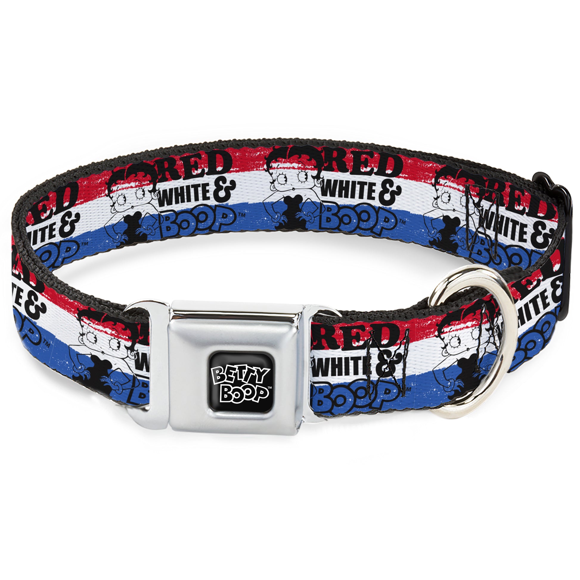 BETTY BOOP Text Heart Logo Full Color Black/White Seatbelt Buckle Collar - Betty Boop RED WHITE & BOOP Pose Americana Stripe Red/White/Blue/Black Seatbelt Buckle Collars Betty Boop