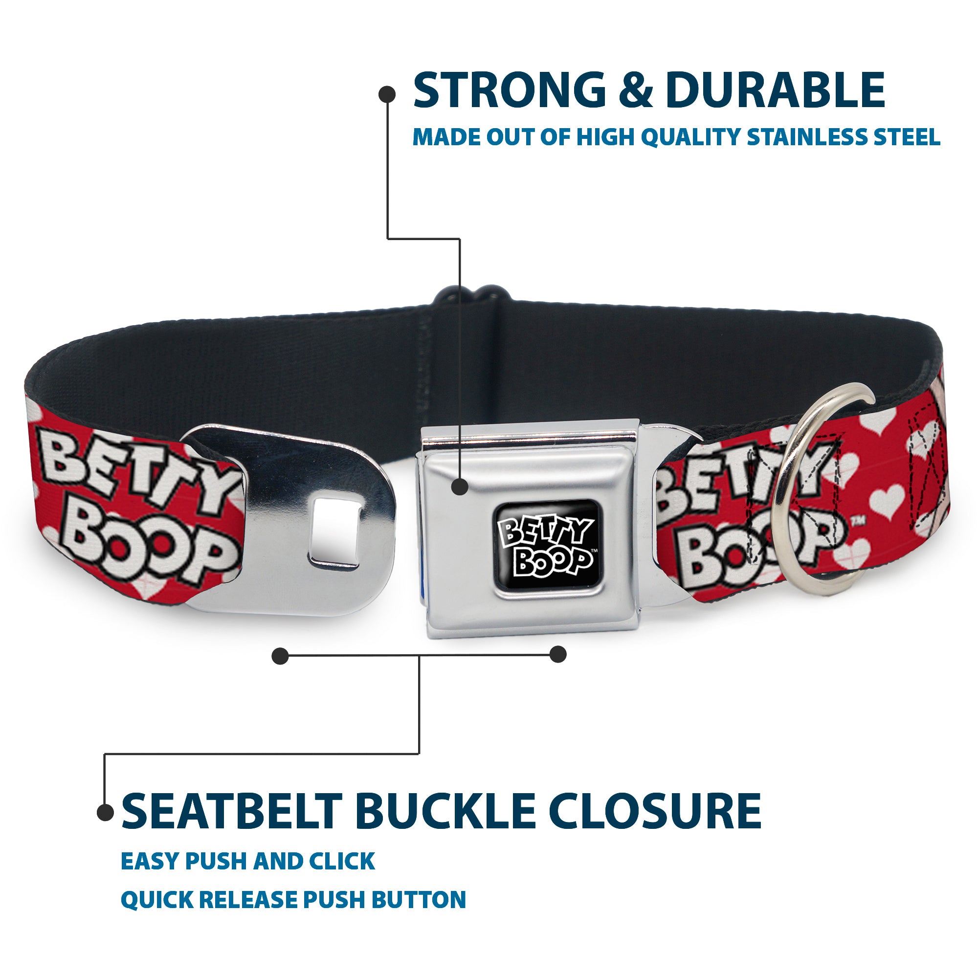 BETTY BOOP Text Heart Logo Full Color Black/White Seatbelt Buckle Collar - BETTY BOOP Seated Leg Kick Pose and Text Hearts Red/White/Black Seatbelt Buckle Collars Betty Boop
