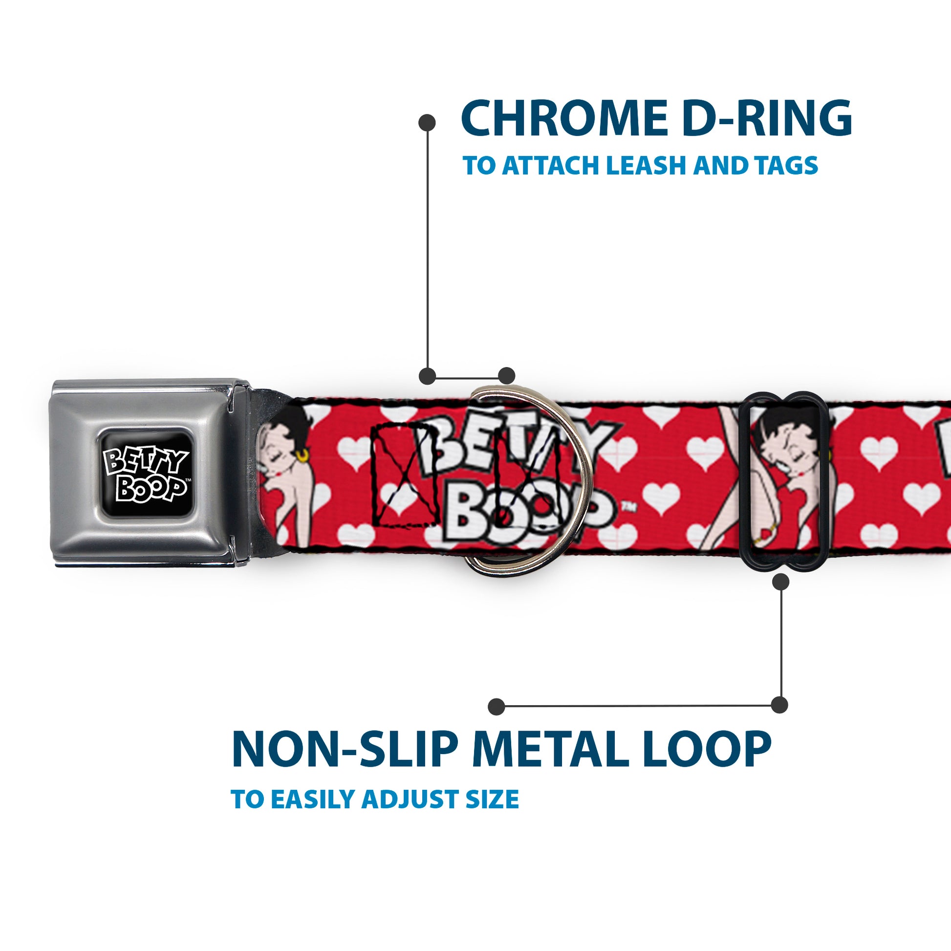 BETTY BOOP Text Heart Logo Full Color Black/White Seatbelt Buckle Collar - BETTY BOOP Seated Leg Kick Pose and Text Hearts Red/White/Black Seatbelt Buckle Collars Betty Boop