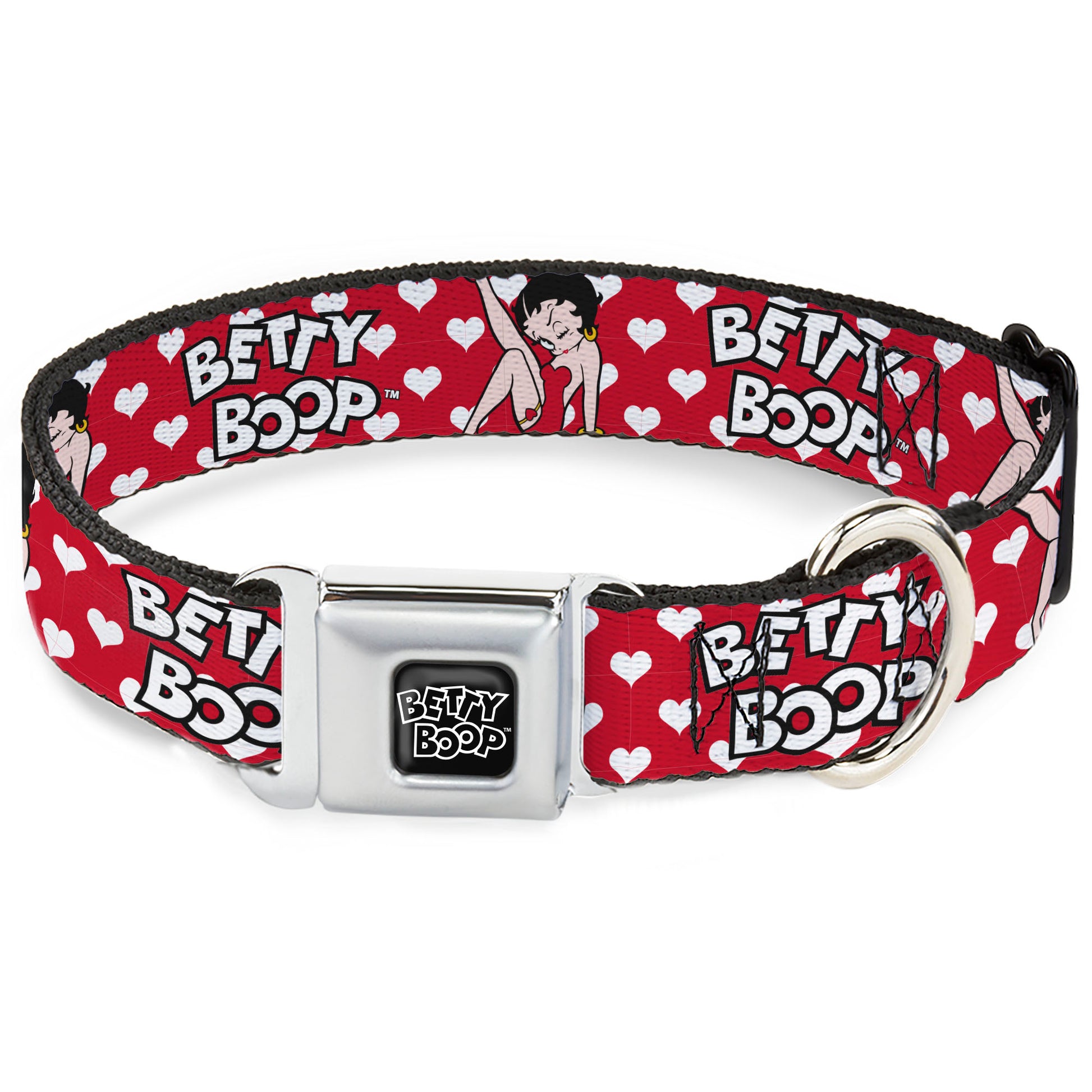 BETTY BOOP Text Heart Logo Full Color Black/White Seatbelt Buckle Collar - BETTY BOOP Seated Leg Kick Pose and Text Hearts Red/White/Black Seatbelt Buckle Collars Betty Boop