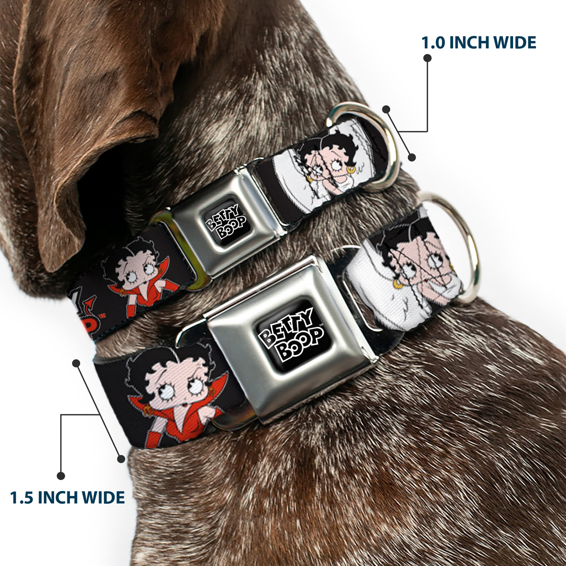 BETTY BOOP Text Heart Logo Full Color Black/White Seatbelt Buckle Collar - BETTY BOOP Angel and Devil Poses with Text Black/White/Red Seatbelt Buckle Collars Betty Boop
