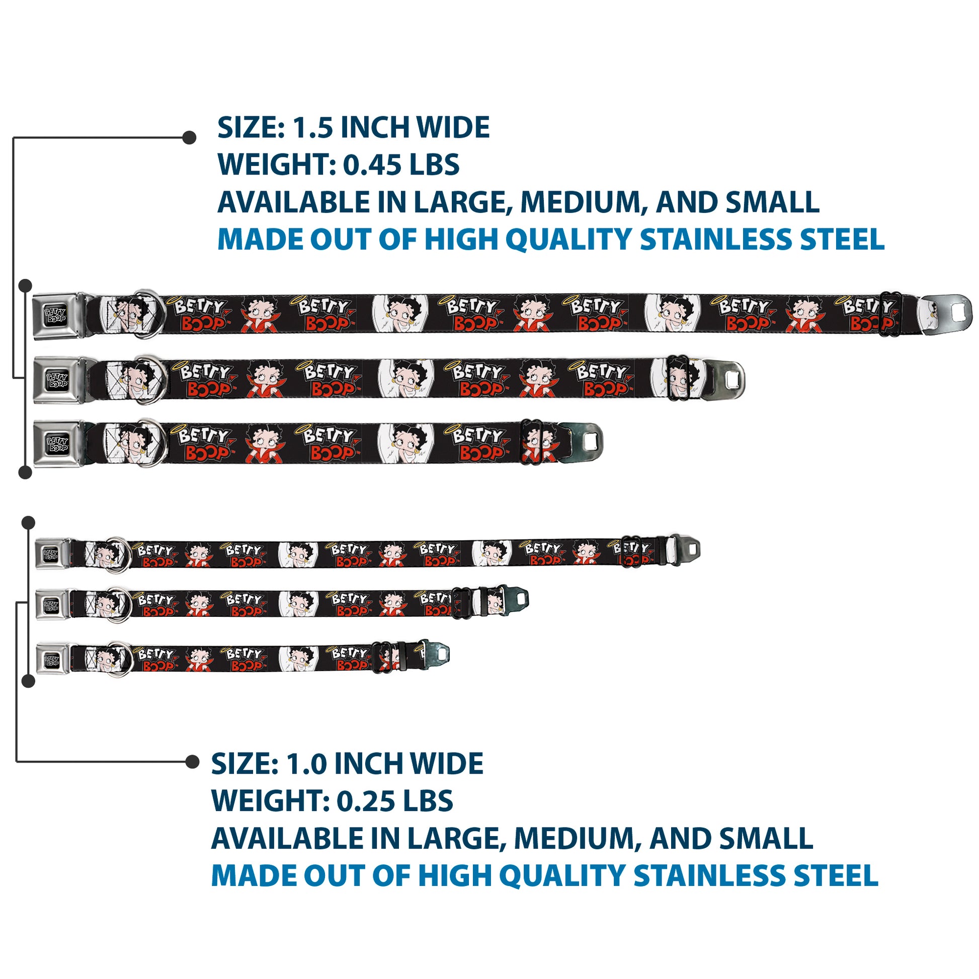 BETTY BOOP Text Heart Logo Full Color Black/White Seatbelt Buckle Collar - BETTY BOOP Angel and Devil Poses with Text Black/White/Red Seatbelt Buckle Collars Betty Boop