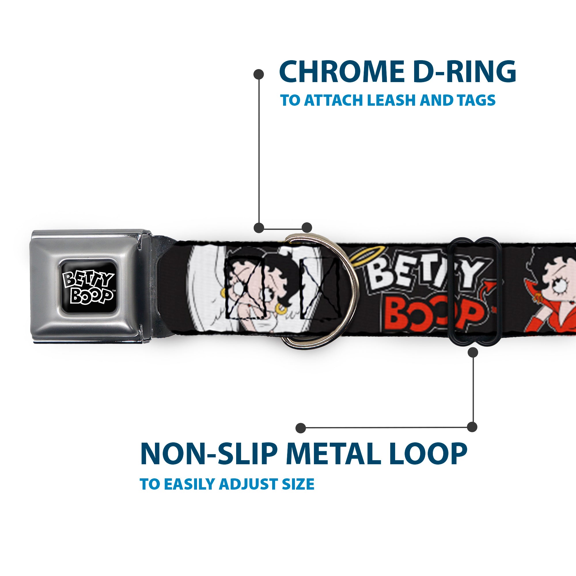 BETTY BOOP Text Heart Logo Full Color Black/White Seatbelt Buckle Collar - BETTY BOOP Angel and Devil Poses with Text Black/White/Red Seatbelt Buckle Collars Betty Boop