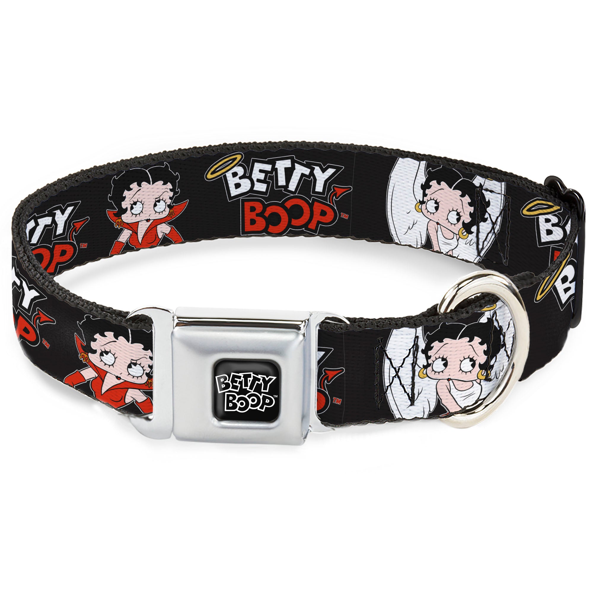 BETTY BOOP Text Heart Logo Full Color Black/White Seatbelt Buckle Collar - BETTY BOOP Angel and Devil Poses with Text Black/White/Red Seatbelt Buckle Collars Betty Boop