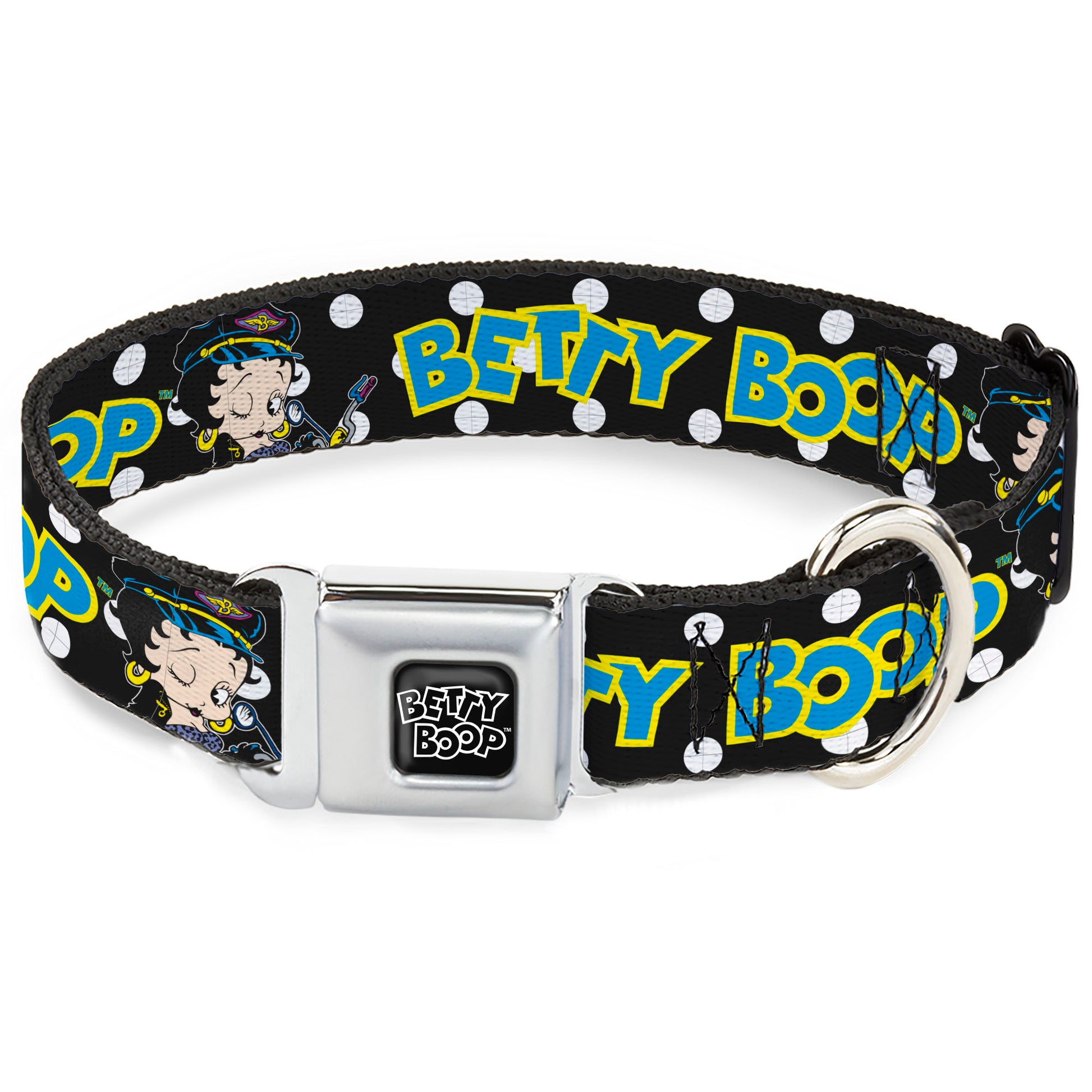 BETTY BOOP Text Heart Logo Full Color Black/White Seatbelt Buckle Collar - BETTY BOOP Biker Betty Winking and Text Polka Dot Black/White/Yellow/Blue Seatbelt Buckle Collars Betty Boop
