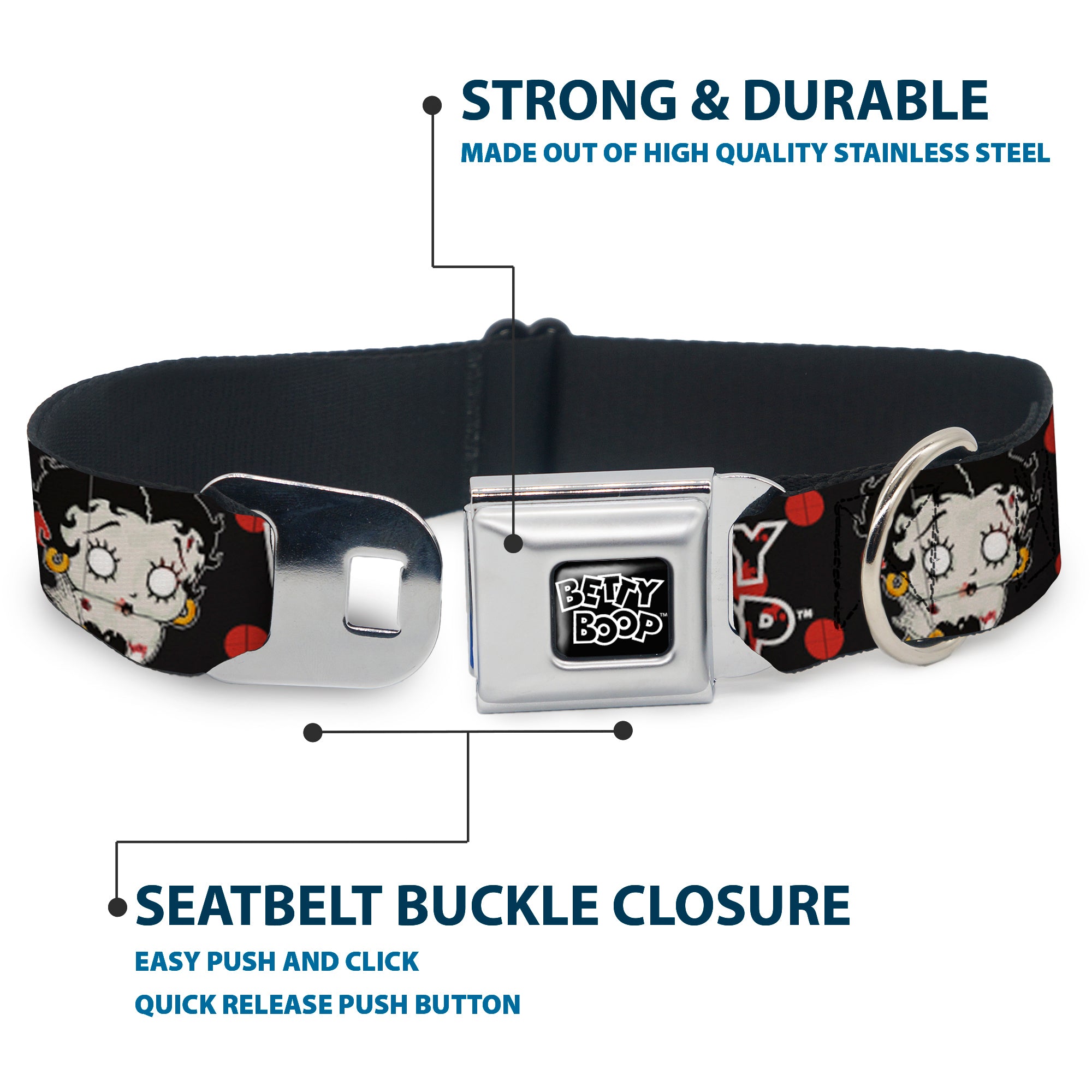 BETTY BOOP Text Heart Logo Full Color Black/White Seatbelt Buckle Collar - BETTY BOOP Zombie Betty and Text Polka Dot Black/Red/White Seatbelt Buckle Collars Betty Boop