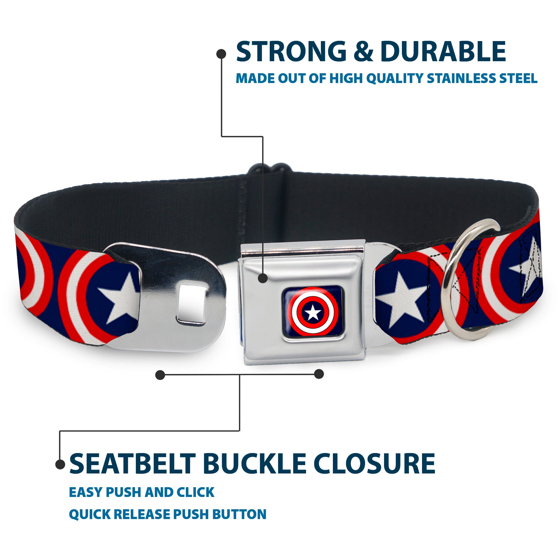 MARVEL COMICS Captain America Shield Full Color Navy Seatbelt Buckle Collar - Captain America Shield Repeat Navy Seatbelt Buckle Collars Marvel Comics