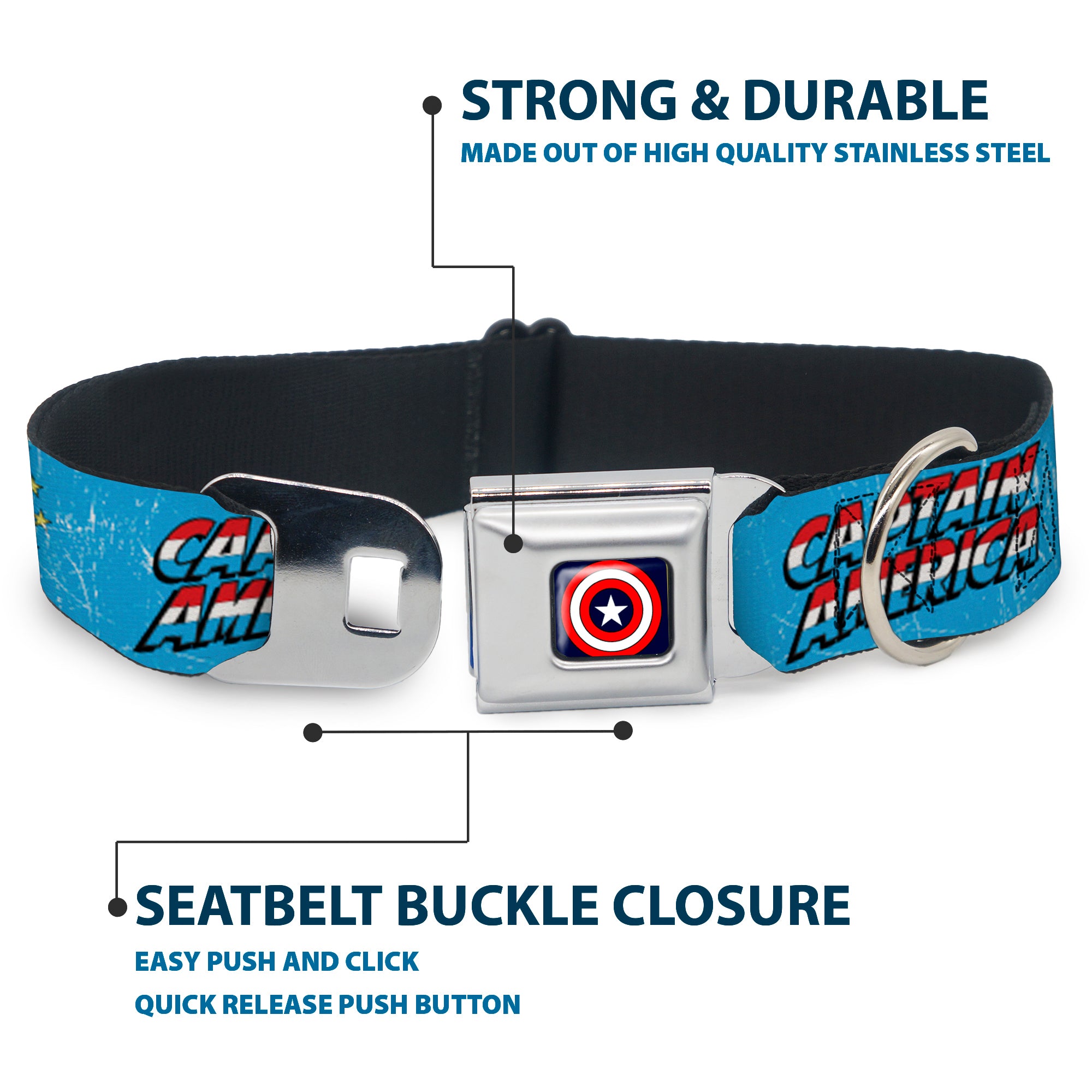 MARVEL COMICS Captain America Shield Full Color Navy Seatbelt Buckle Collar - CAPTAIN AMERICA w/Action Pose Weathered Blue Seatbelt Buckle Collars Marvel Comics