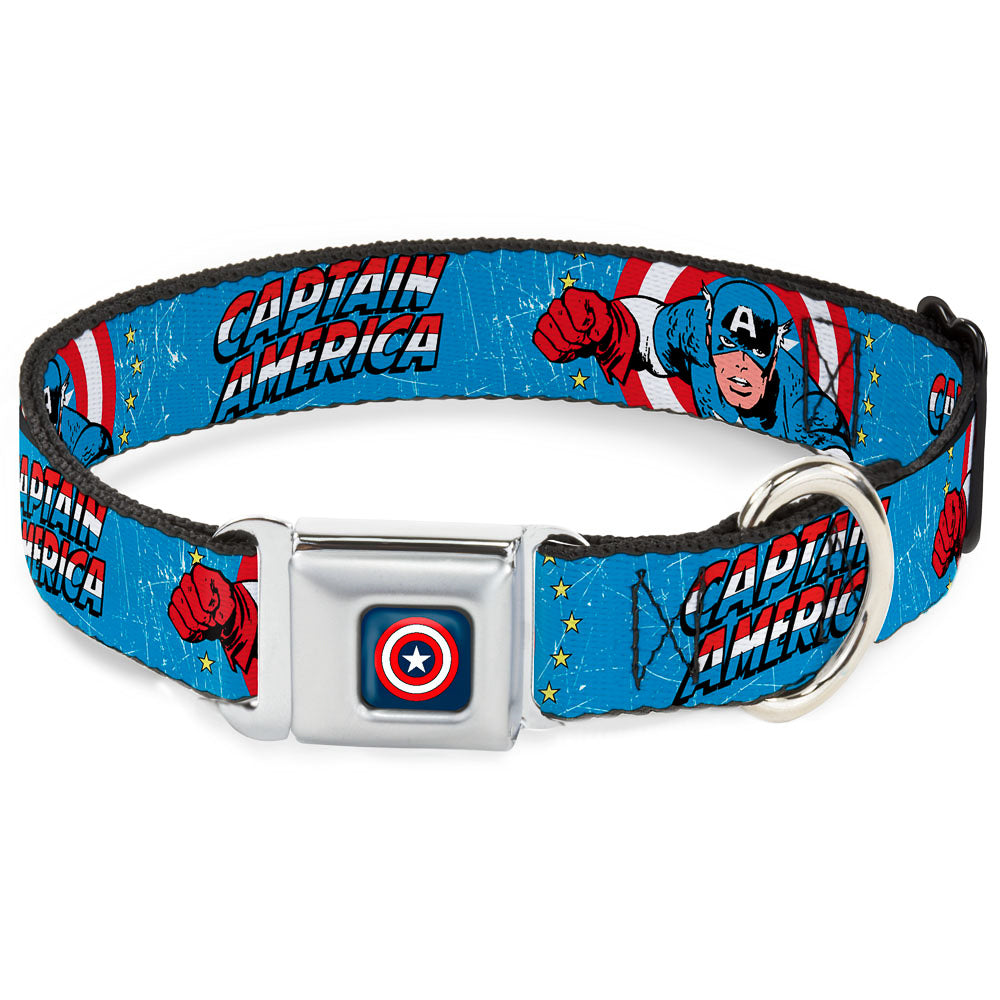 MARVEL COMICS Captain America Shield Full Color Navy Seatbelt Buckle Collar - CAPTAIN AMERICA w/Action Pose Weathered Blue Seatbelt Buckle Collars Marvel Comics