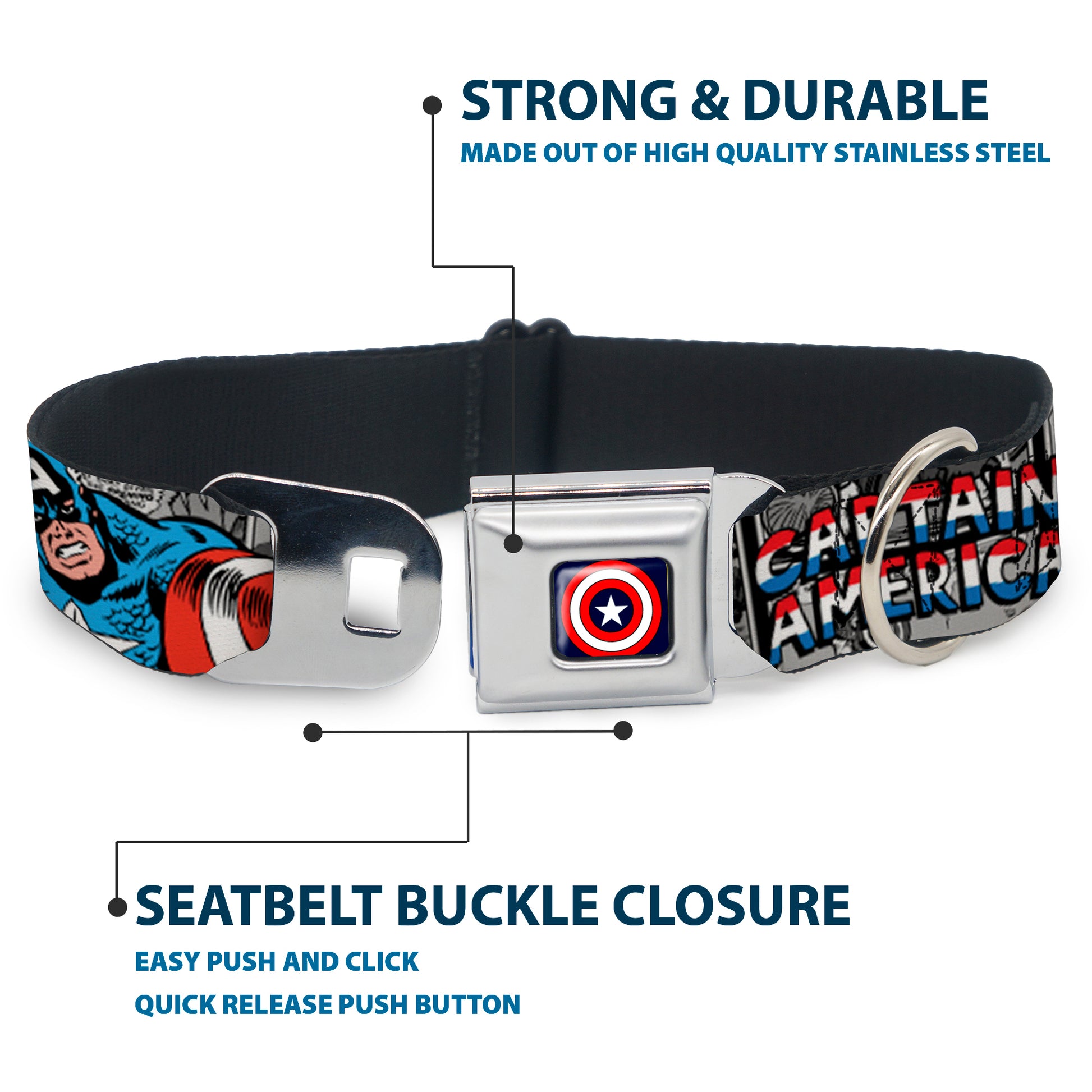 Captain America Shield Navy Seatbelt Buckle Collar - CAPTAIN AMERICA 2-Poses/Comic Blocks Grays/Red/White/Blue Seatbelt Buckle Collars Marvel Comics