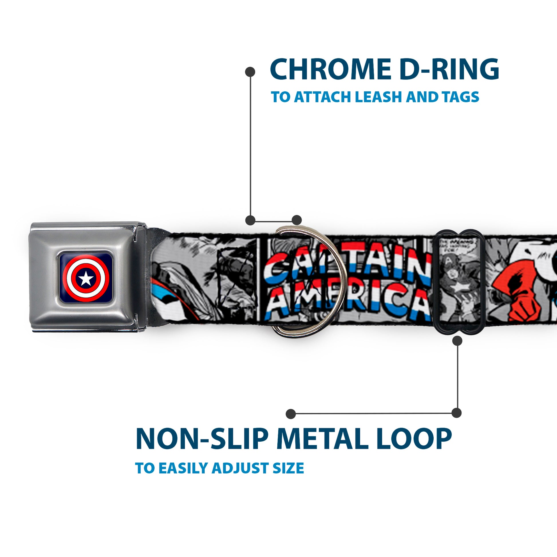 Captain America Shield Navy Seatbelt Buckle Collar - CAPTAIN AMERICA 2-Poses/Comic Blocks Grays/Red/White/Blue Seatbelt Buckle Collars Marvel Comics