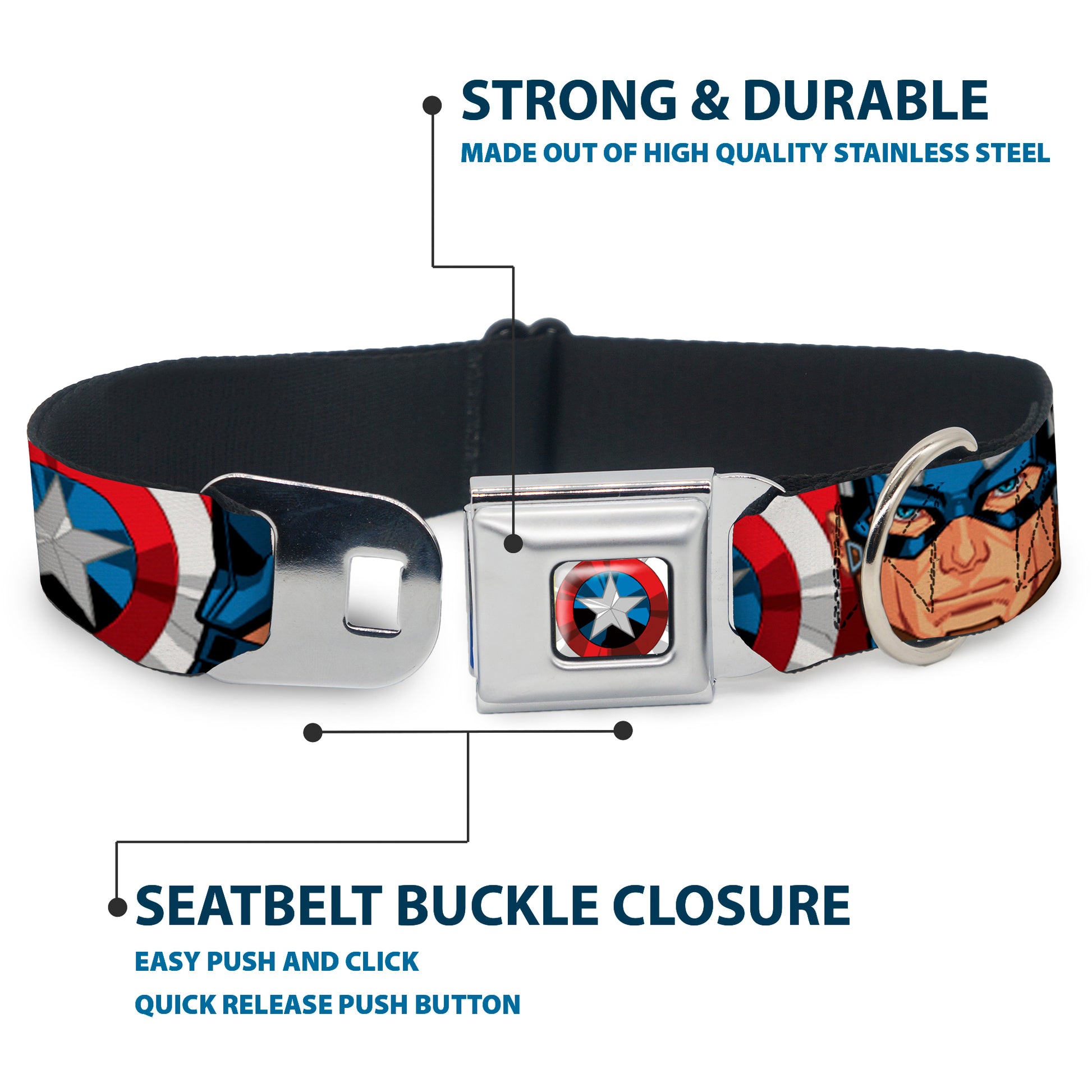 Captain America Shield2 CLOSE-UP Full Color Seatbelt Buckle Collar - Captain America Face Turns/Shield CLOSE-UP Seatbelt Buckle Collars Marvel Comics