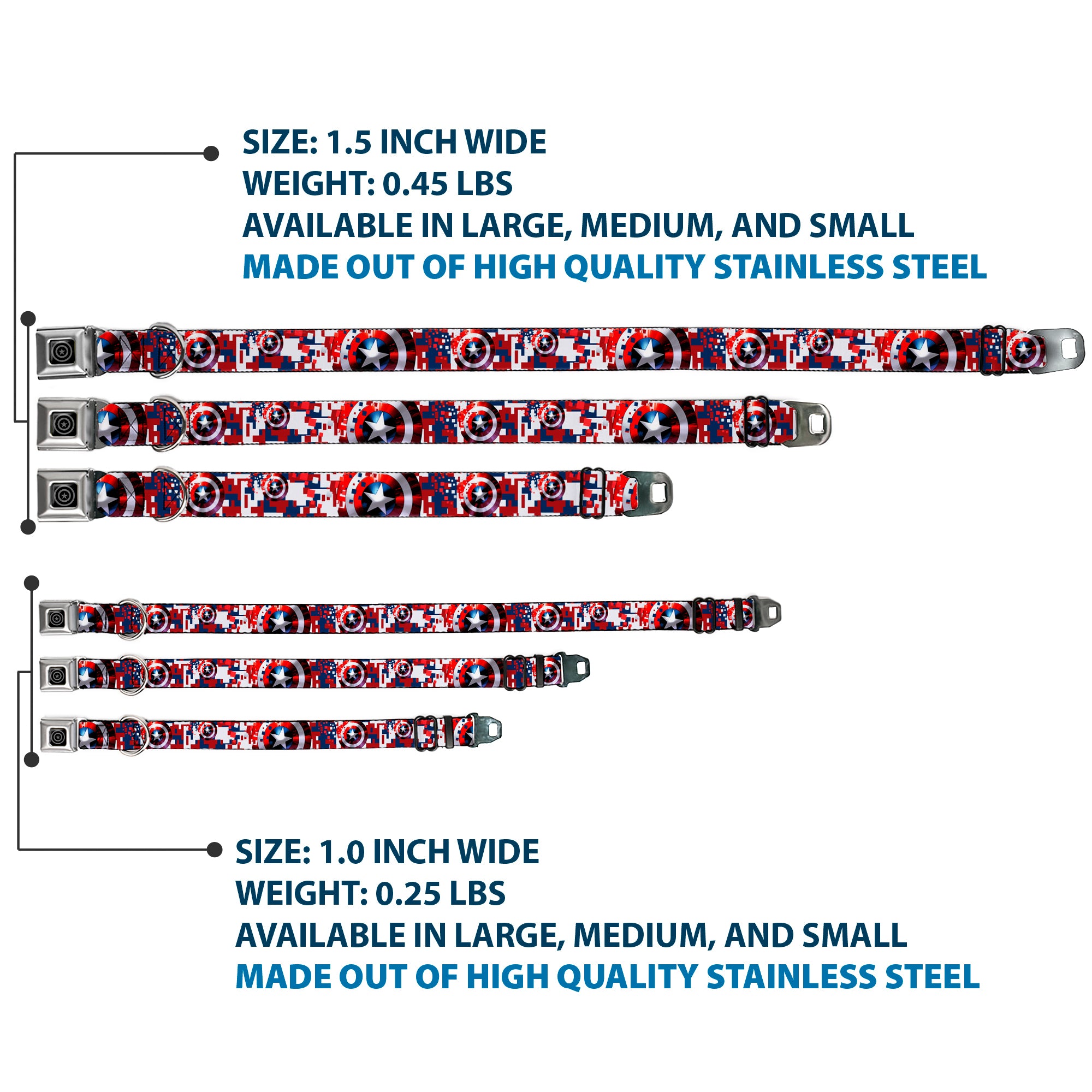 MARVEL AVENGERS Captain America Shield Black Silver Seatbelt Buckle Collar - Captain America Shield Digital Camo Blue/White/Red Seatbelt Buckle Collars Marvel Comics