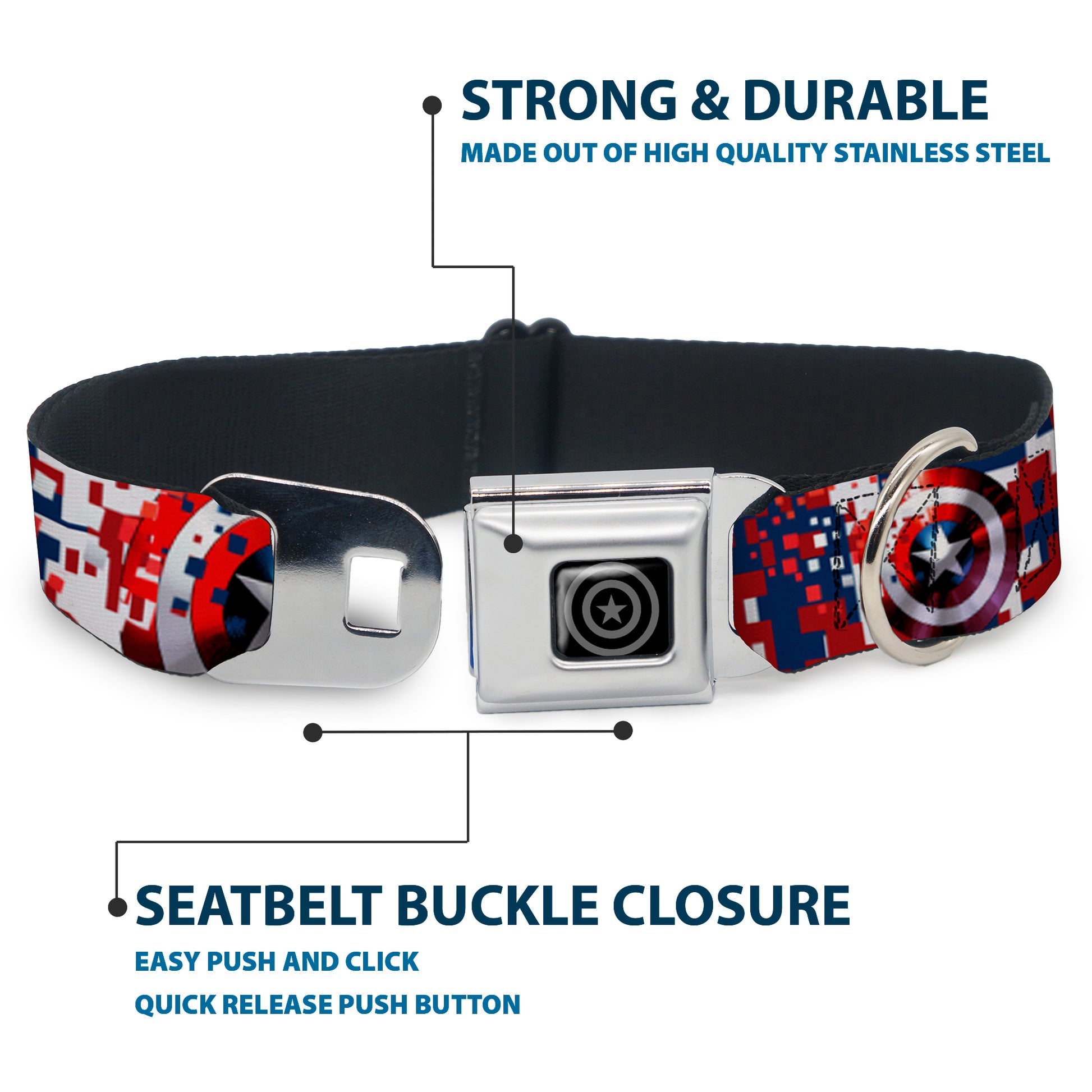 MARVEL AVENGERS Captain America Shield Black Silver Seatbelt Buckle Collar - Captain America Shield Digital Camo Blue/White/Red Seatbelt Buckle Collars Marvel Comics