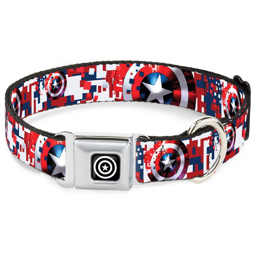 MARVEL AVENGERS Captain America Shield Black Silver Seatbelt Buckle Collar - Captain America Shield Digital Camo Blue/White/Red Seatbelt Buckle Collars Marvel Comics