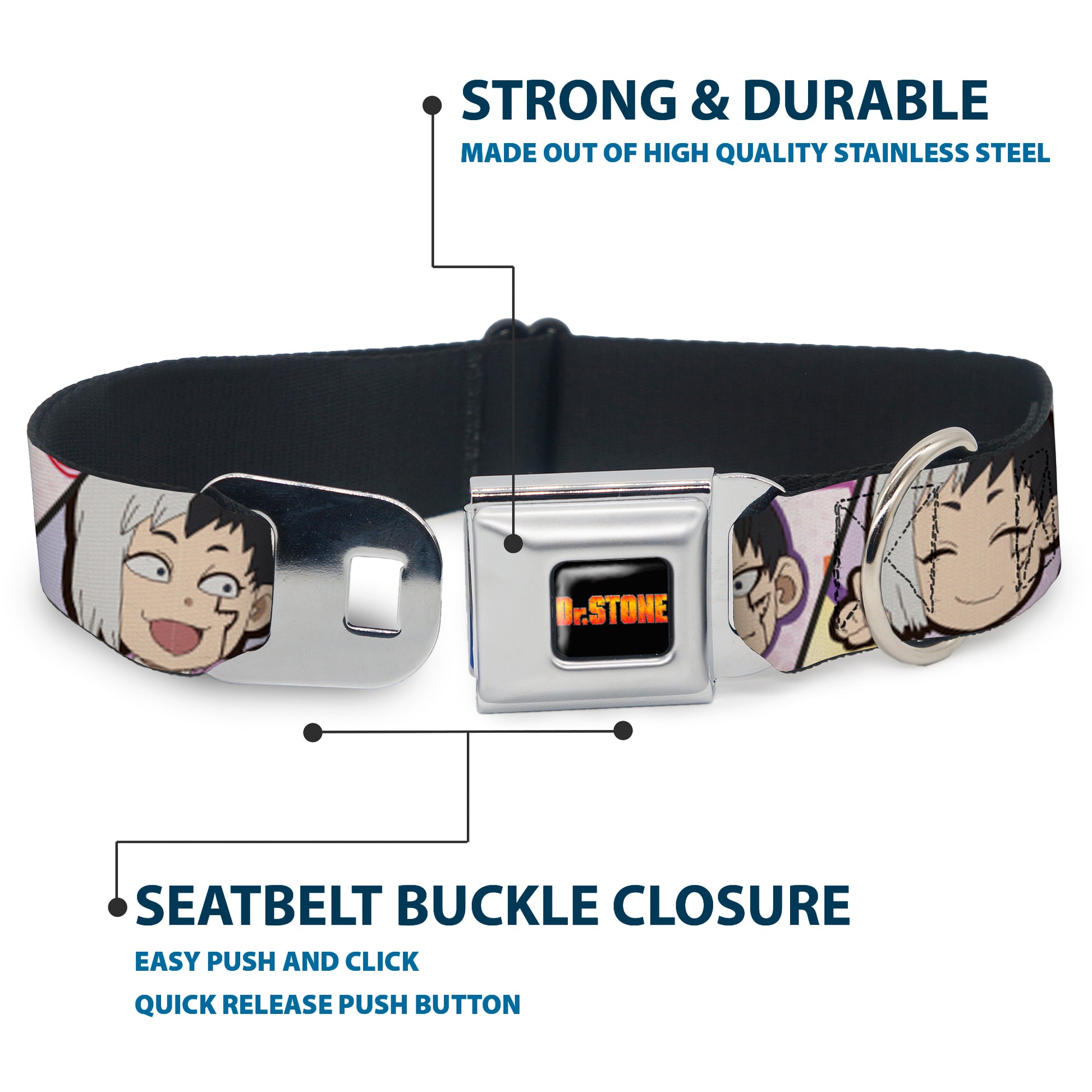 DR. STONE Title Logo Full Color Black/Orange Seatbelt Buckle Collar - Dr. Stone Chibi Gen Asagiri Expression Blocks Seatbelt Buckle Collars Dr. Stone