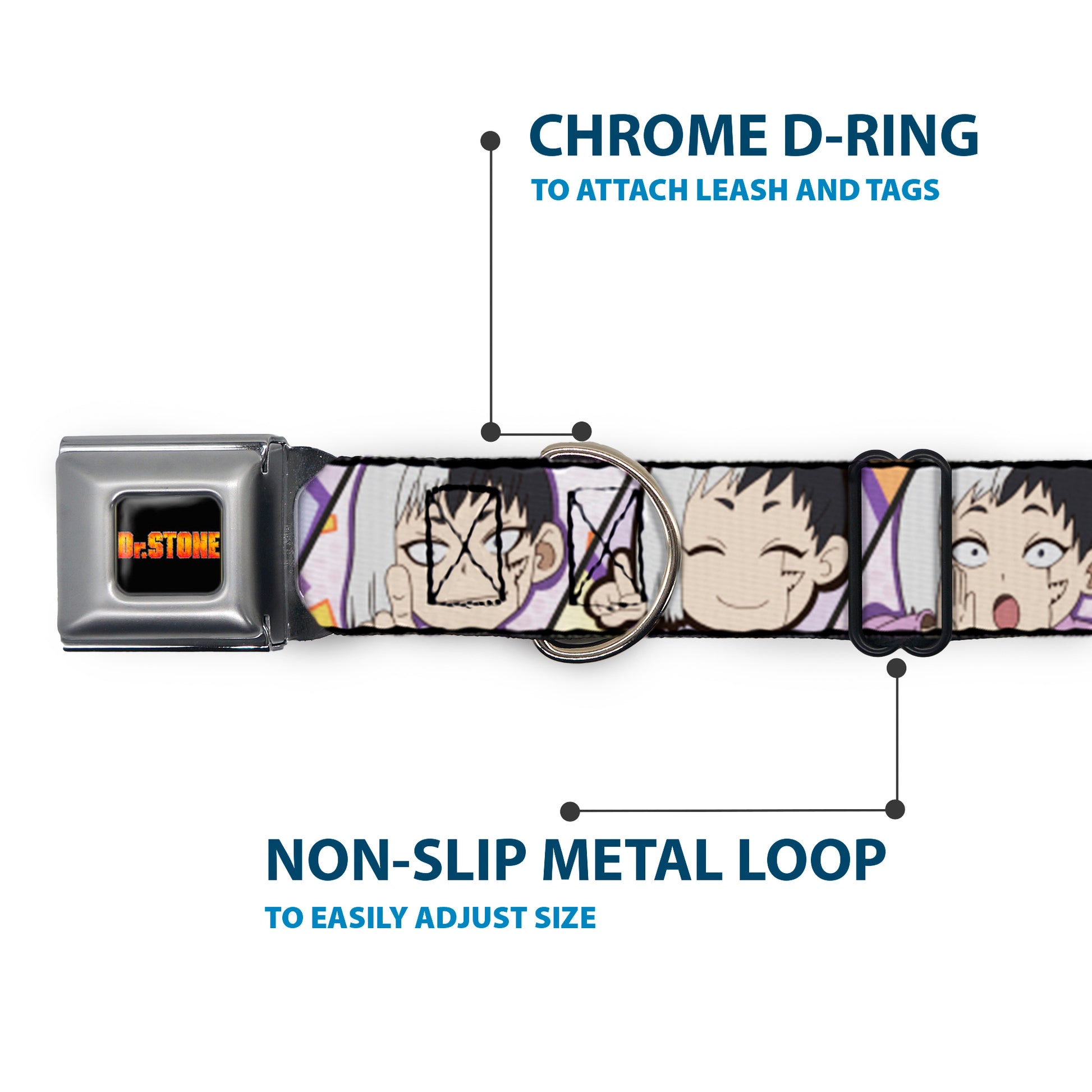 DR. STONE Title Logo Full Color Black/Orange Seatbelt Buckle Collar - Dr. Stone Chibi Gen Asagiri Expression Blocks Seatbelt Buckle Collars Dr. Stone