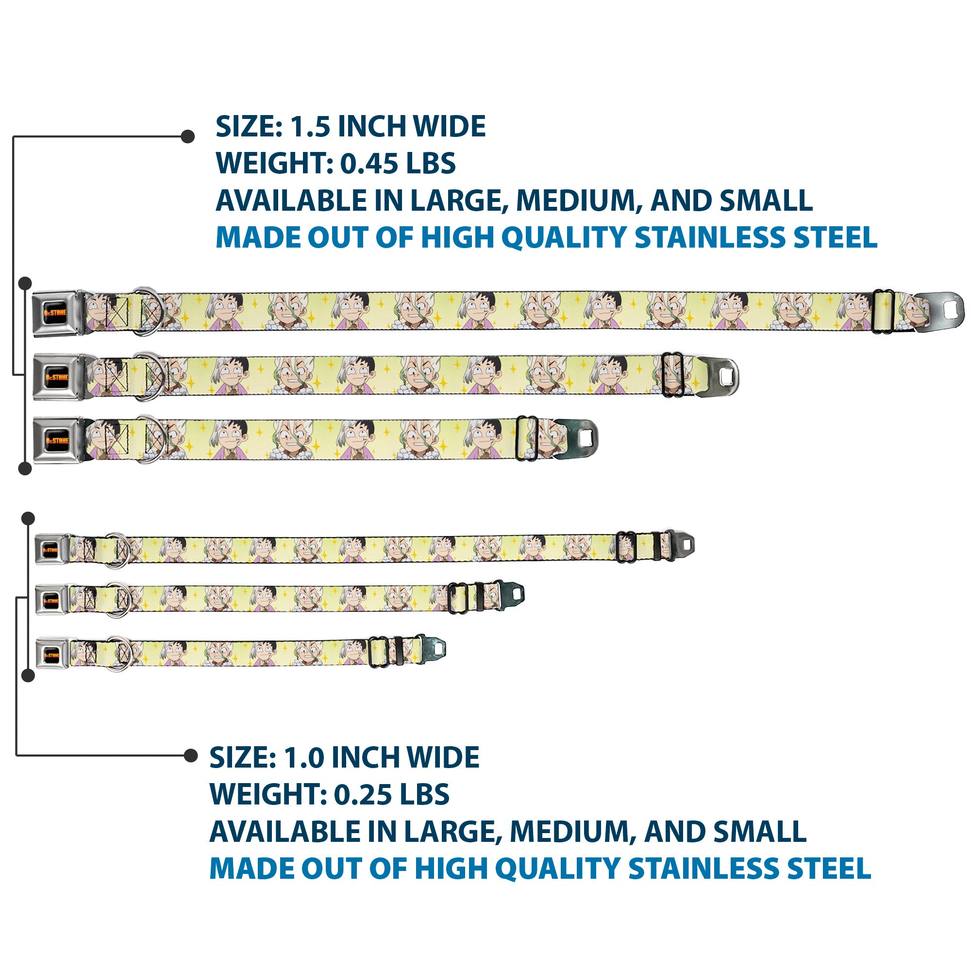 DR. STONE Title Logo Full Color Black/Orange Seatbelt Buckle Collar - Dr. Stone Chibi Senku and Gen Faces Stars Yellows Seatbelt Buckle Collars Dr. Stone