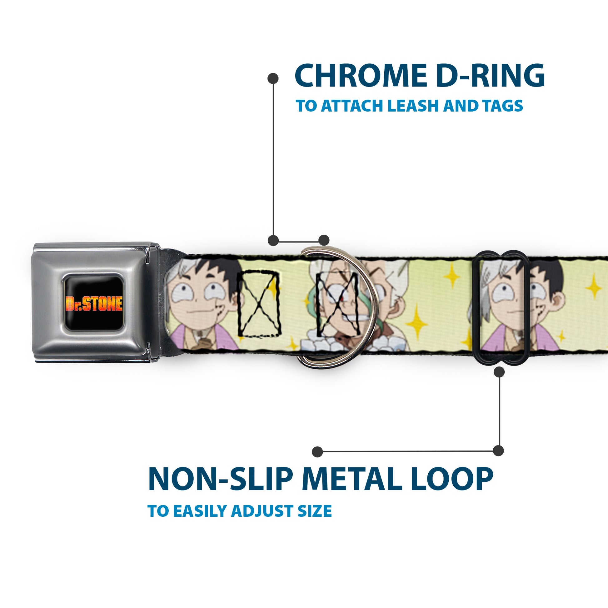 DR. STONE Title Logo Full Color Black/Orange Seatbelt Buckle Collar - Dr. Stone Chibi Senku and Gen Faces Stars Yellows Seatbelt Buckle Collars Dr. Stone