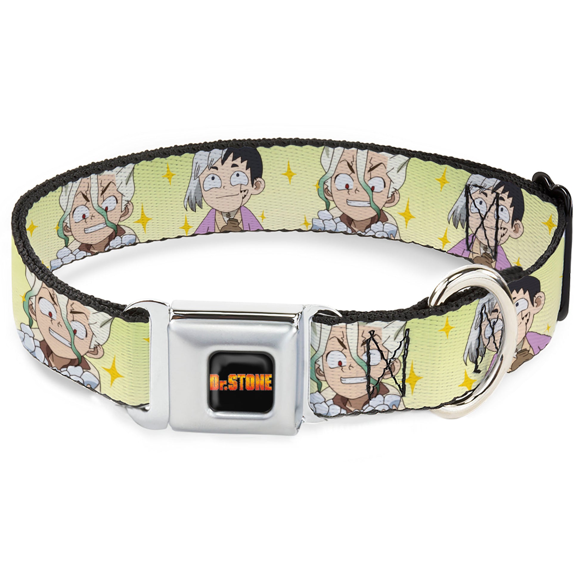 DR. STONE Title Logo Full Color Black/Orange Seatbelt Buckle Collar - Dr. Stone Chibi Senku and Gen Faces Stars Yellows Seatbelt Buckle Collars Dr. Stone