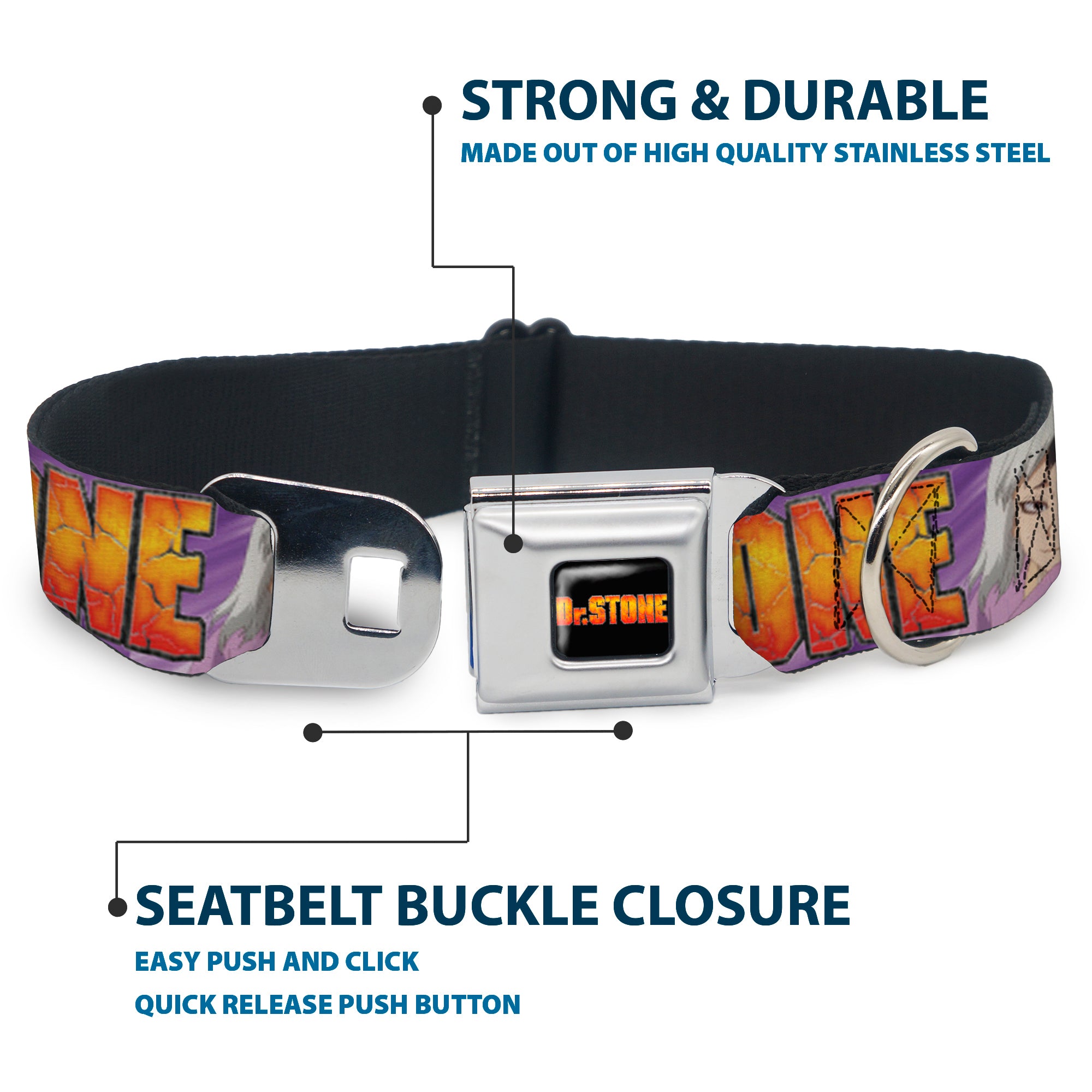 DR. STONE Title Logo Full Color Black/Orange Seatbelt Buckle Collar - DR. STONE Title Logo and Gen Asagiri Face Purples Seatbelt Buckle Collars Dr. Stone