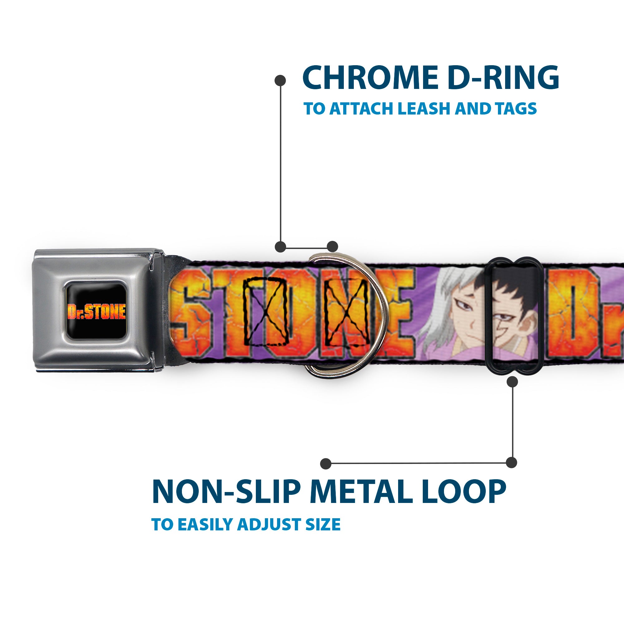 DR. STONE Title Logo Full Color Black/Orange Seatbelt Buckle Collar - DR. STONE Title Logo and Gen Asagiri Face Purples Seatbelt Buckle Collars Dr. Stone