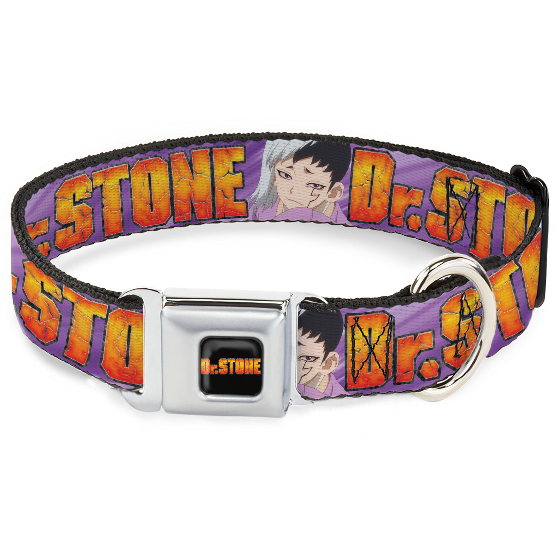 DR. STONE Title Logo Full Color Black/Orange Seatbelt Buckle Collar - DR. STONE Title Logo and Gen Asagiri Face Purples Seatbelt Buckle Collars Dr. Stone
