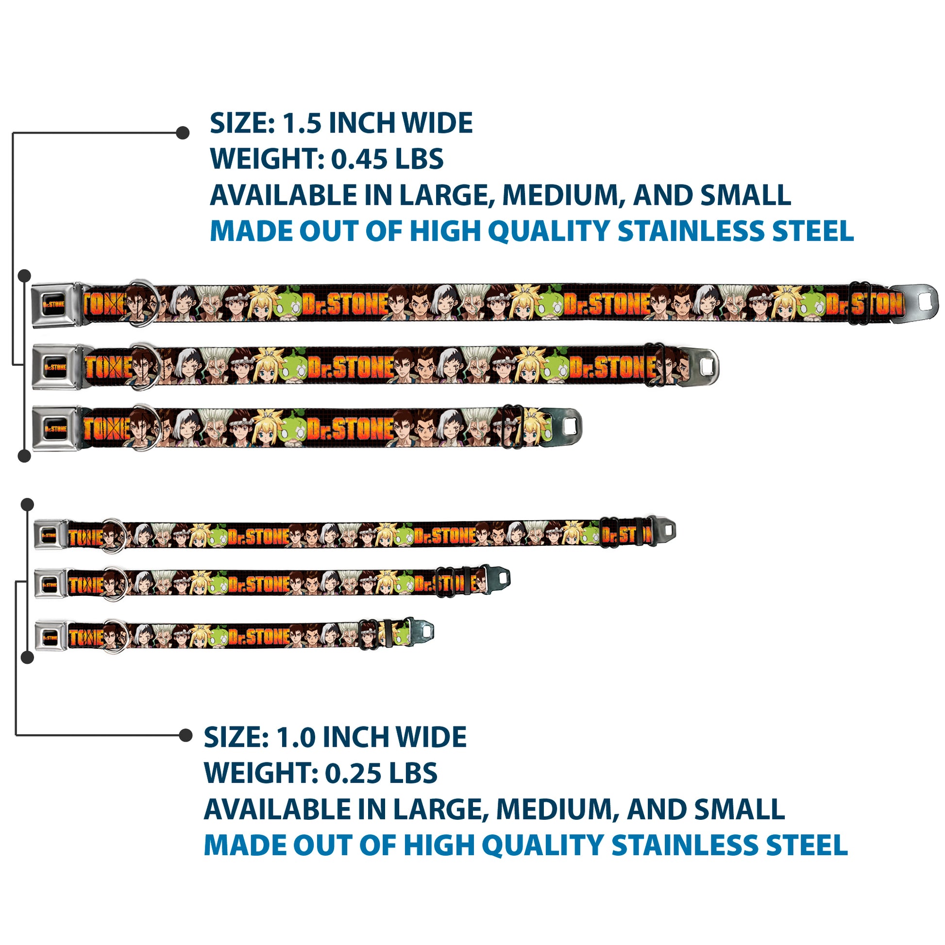 DR. STONE Title Logo Full Color Black/Orange Seatbelt Buckle Collar - DR. STONE Title Logo and Character Group Black Seatbelt Buckle Collars Dr. Stone