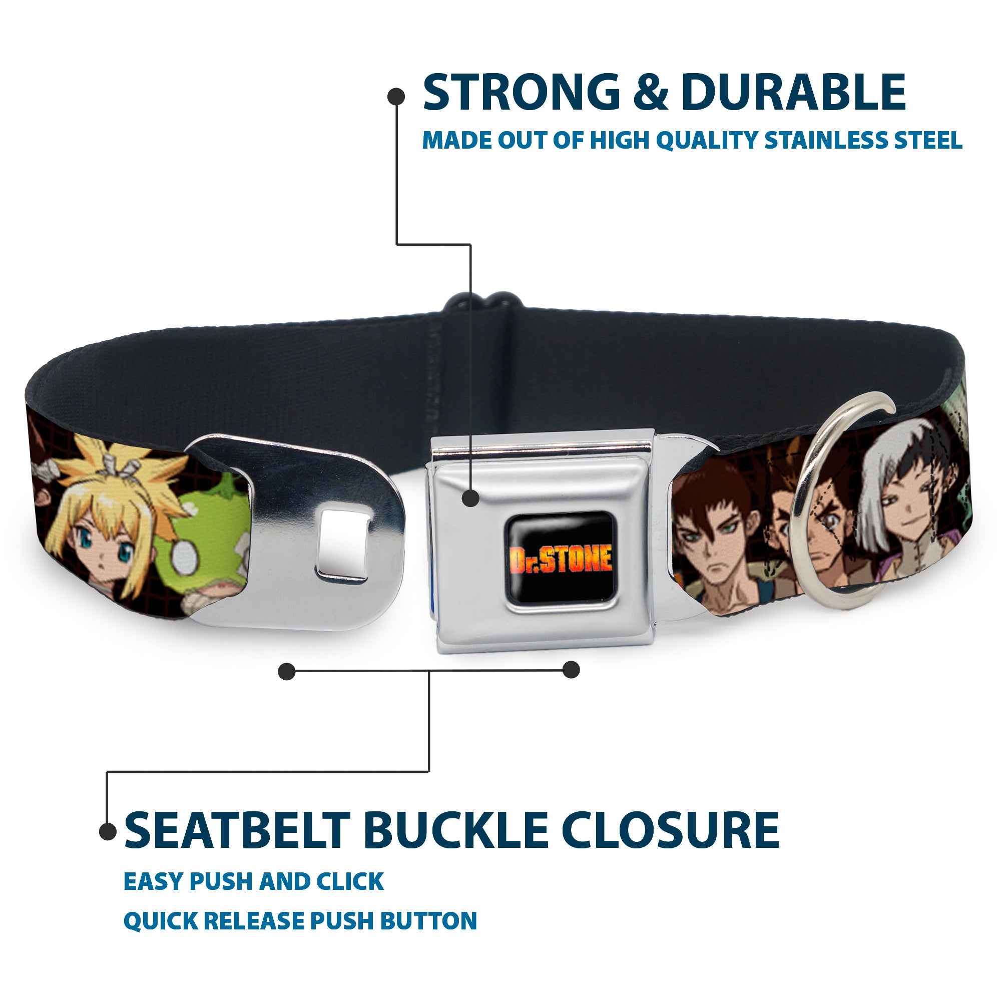 DR. STONE Title Logo Full Color Black/Orange Seatbelt Buckle Collar - DR. STONE Title Logo and Character Group Black Seatbelt Buckle Collars Dr. Stone