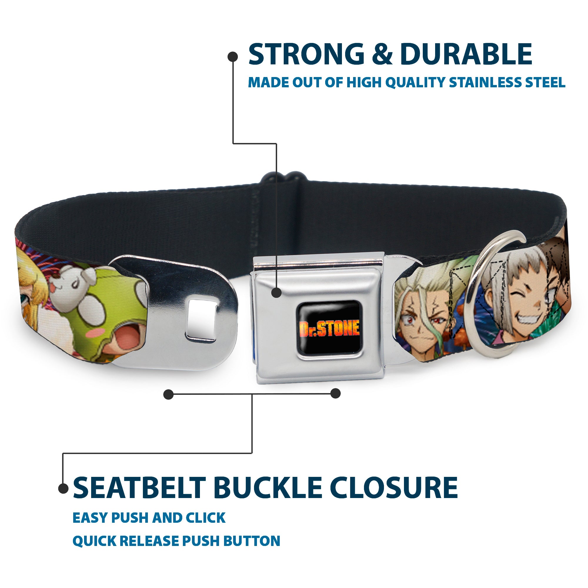 DR. STONE Title Logo Full Color Black/Orange Seatbelt Buckle Collar - Dr. Stone Character Group Faces Close-Up Seatbelt Buckle Collars Dr. Stone