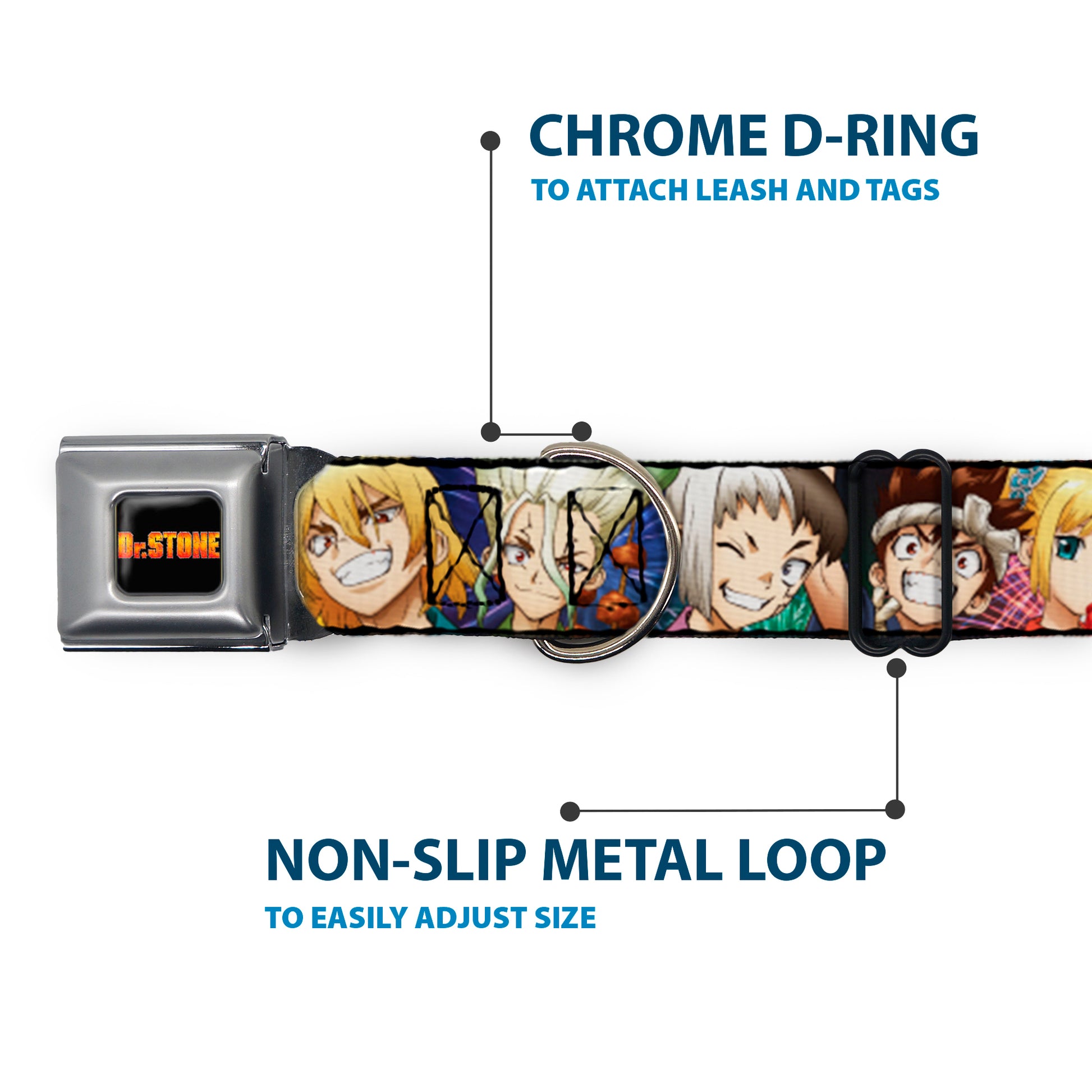 DR. STONE Title Logo Full Color Black/Orange Seatbelt Buckle Collar - Dr. Stone Character Group Faces Close-Up Seatbelt Buckle Collars Dr. Stone