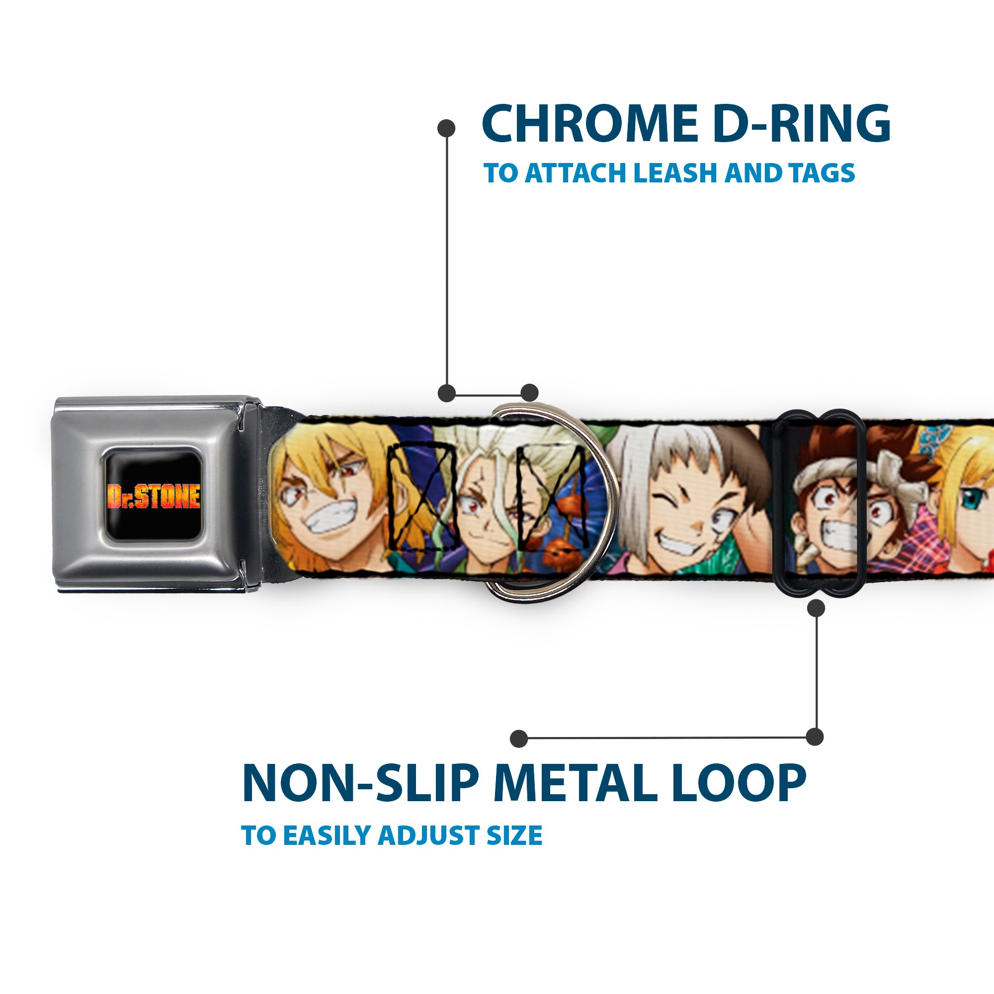 DR. STONE Title Logo Full Color Black/Orange Seatbelt Buckle Collar - Dr. Stone Character Group Faces Close-Up Seatbelt Buckle Collars Dr. Stone