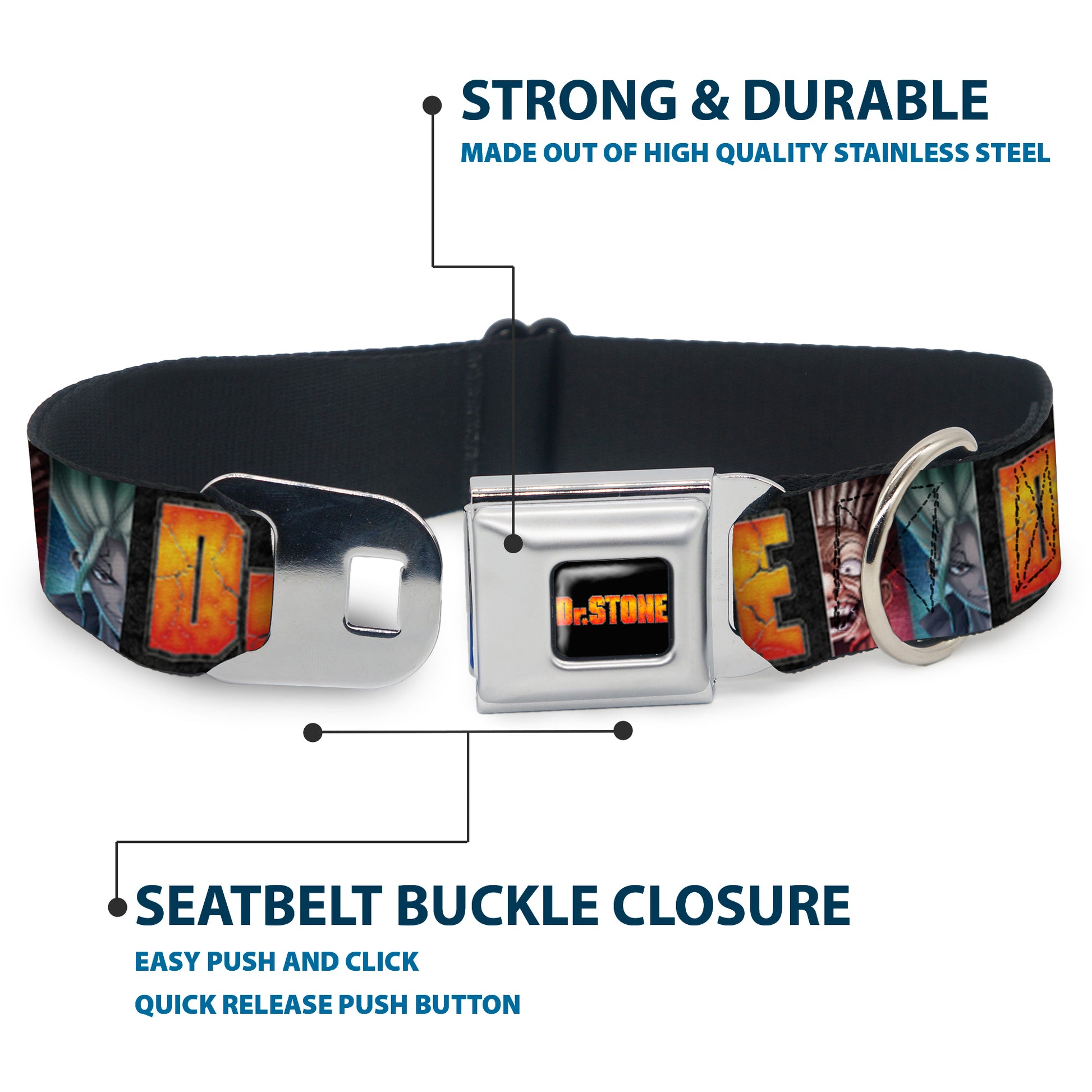 DR. STONE Title Logo Full Color Black/Orange Seatbelt Buckle Collar - DR. STONE Title Logo and Ibarra Senku Split Pose Black Seatbelt Buckle Collars Dr. Stone
