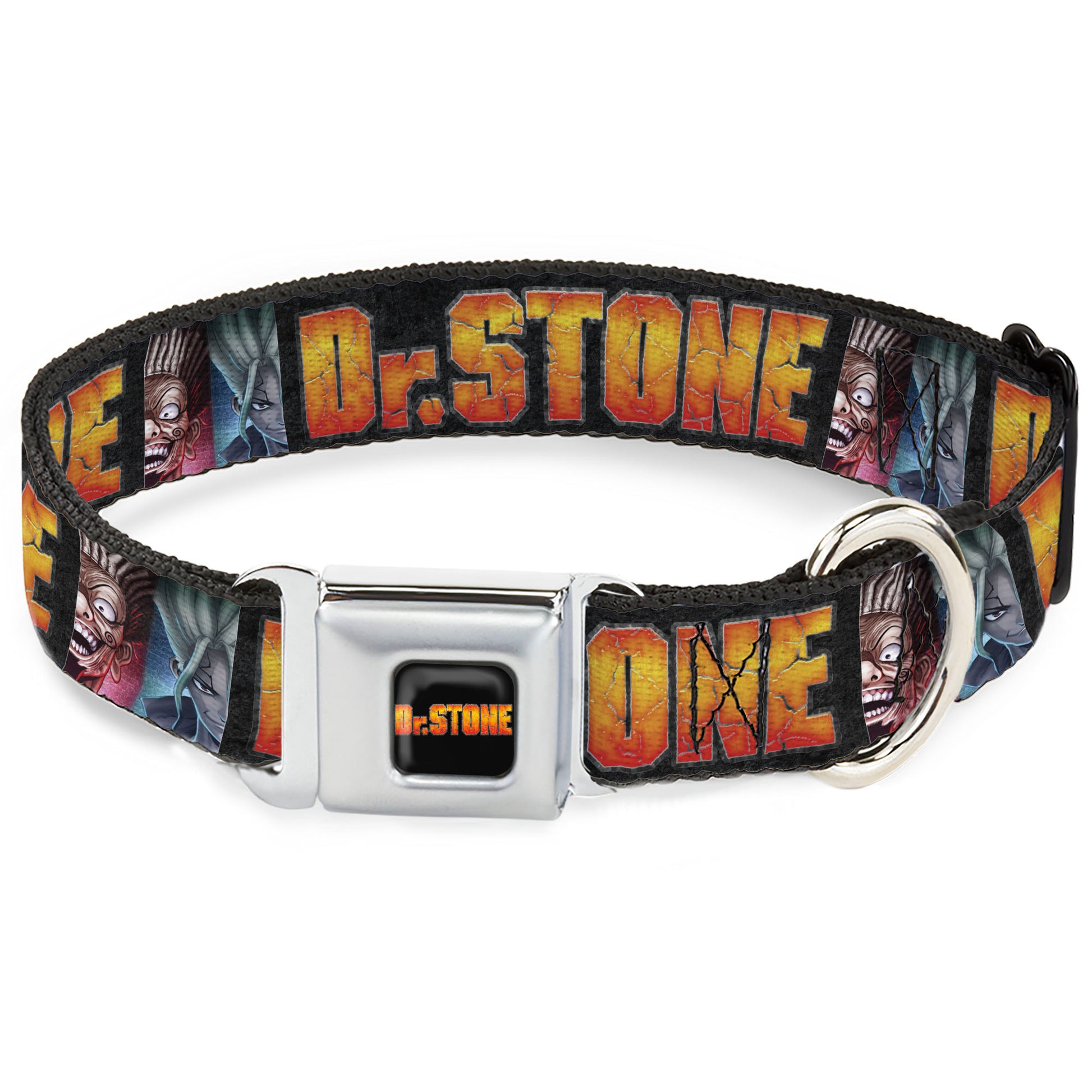 DR. STONE Title Logo Full Color Black/Orange Seatbelt Buckle Collar - DR. STONE Title Logo and Ibarra Senku Split Pose Black Seatbelt Buckle Collars Dr. Stone