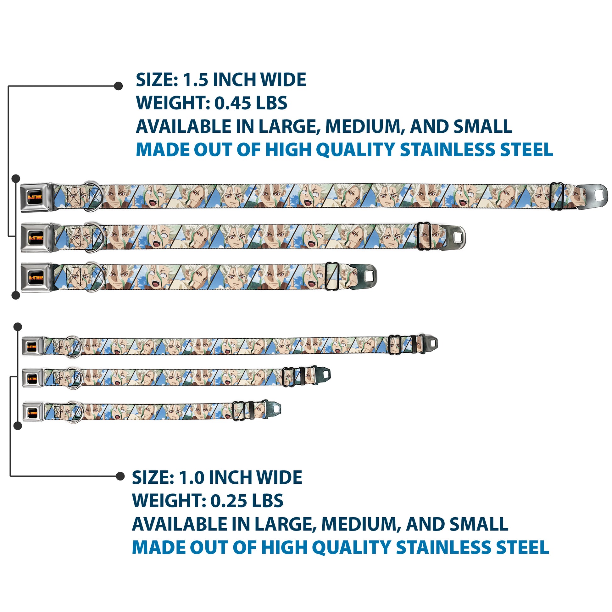 DR. STONE Title Logo Full Color Black/Orange Seatbelt Buckle Collar - Dr. Stone Senku Ishigami Expression Blocks Blues Seatbelt Buckle Collars Dr. Stone
