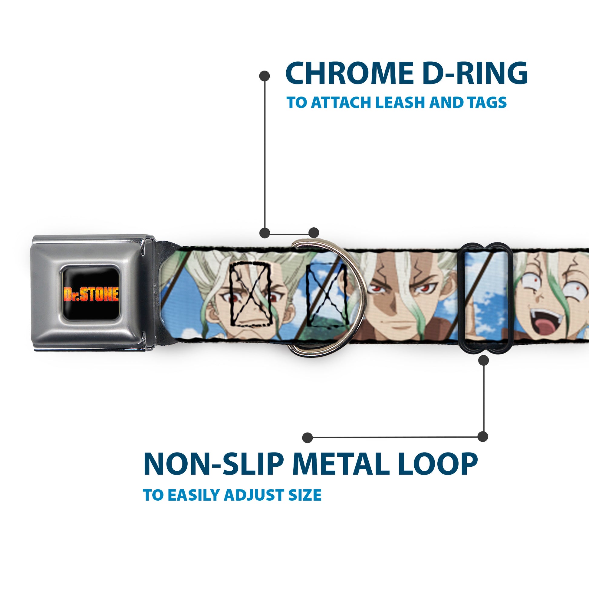 DR. STONE Title Logo Full Color Black/Orange Seatbelt Buckle Collar - Dr. Stone Senku Ishigami Expression Blocks Blues Seatbelt Buckle Collars Dr. Stone