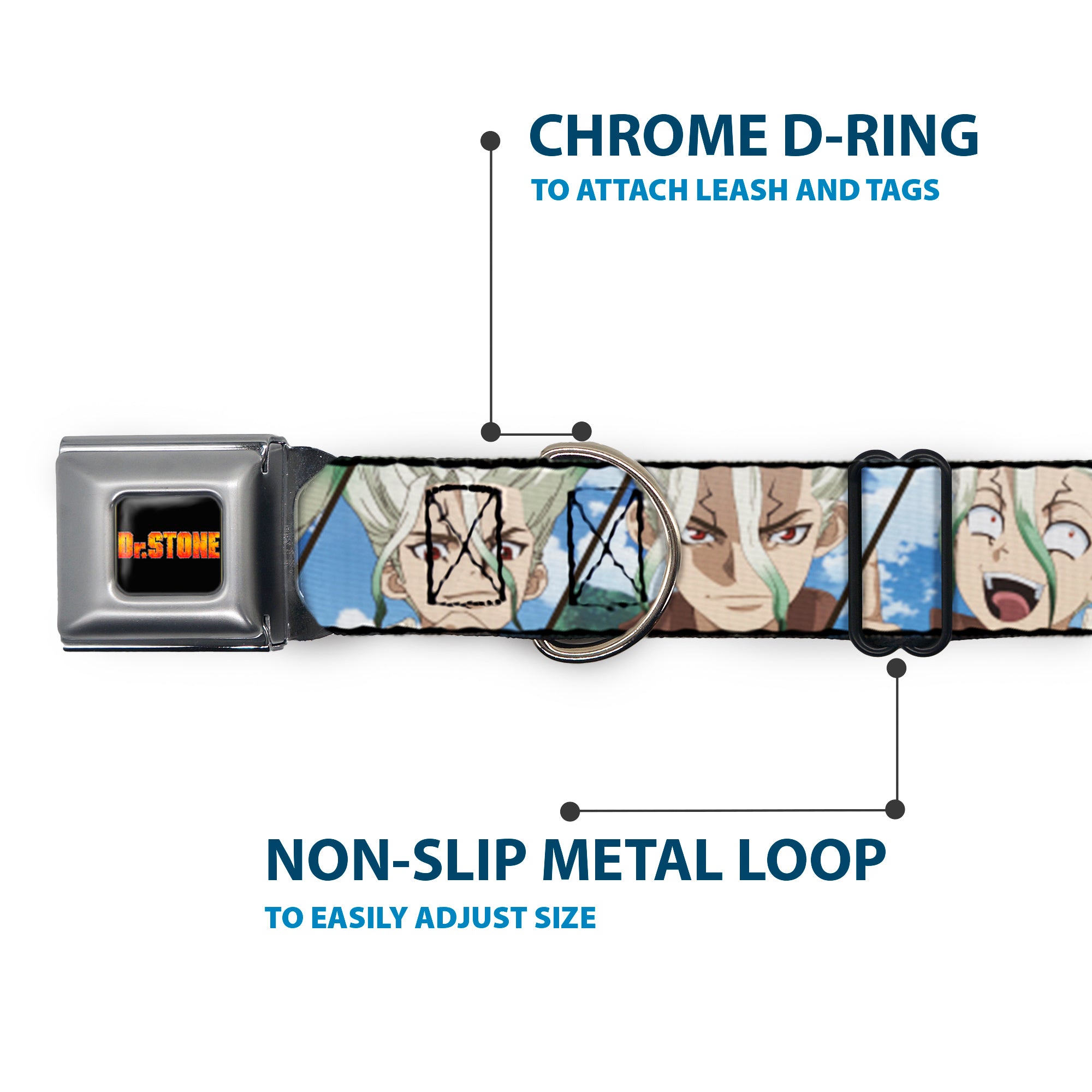 DR. STONE Title Logo Full Color Black/Orange Seatbelt Buckle Collar - Dr. Stone Senku Ishigami Expression Blocks Blues Seatbelt Buckle Collars Dr. Stone