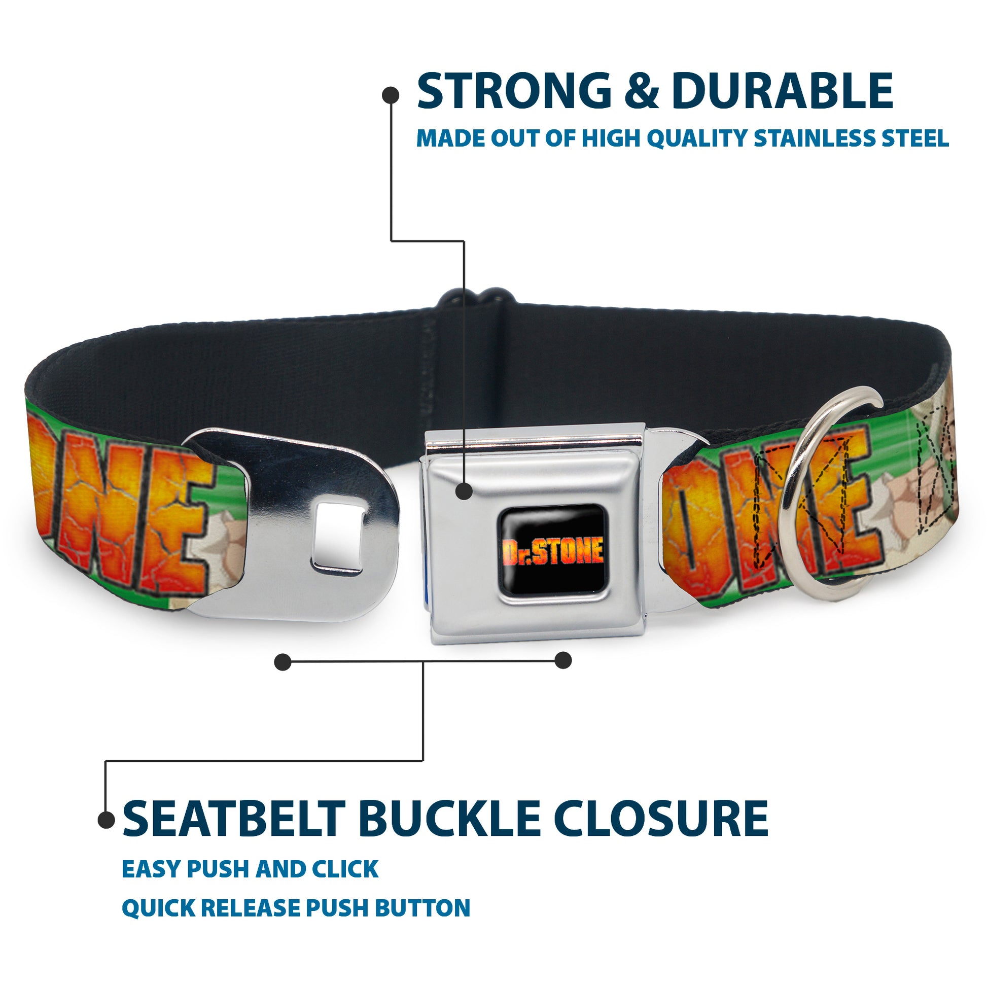 DR. STONE Title Logo Full Color Black/Orange Seatbelt Buckle Collar - DR. STONE Title Logo and Suika Face Close-Up Greens Seatbelt Buckle Collars Dr. Stone