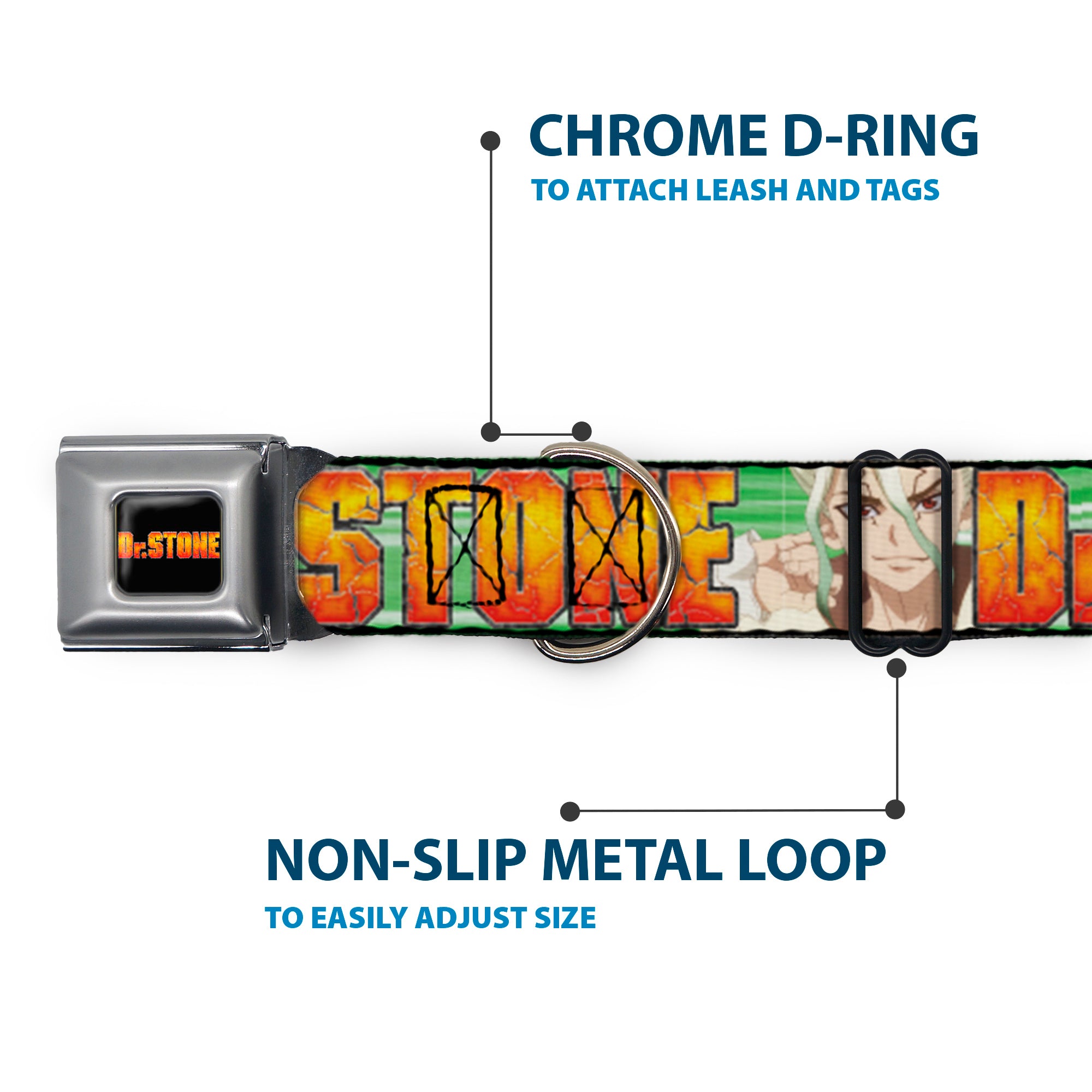 DR. STONE Title Logo Full Color Black/Orange Seatbelt Buckle Collar - DR. STONE Title Logo and Suika Face Close-Up Greens Seatbelt Buckle Collars Dr. Stone
