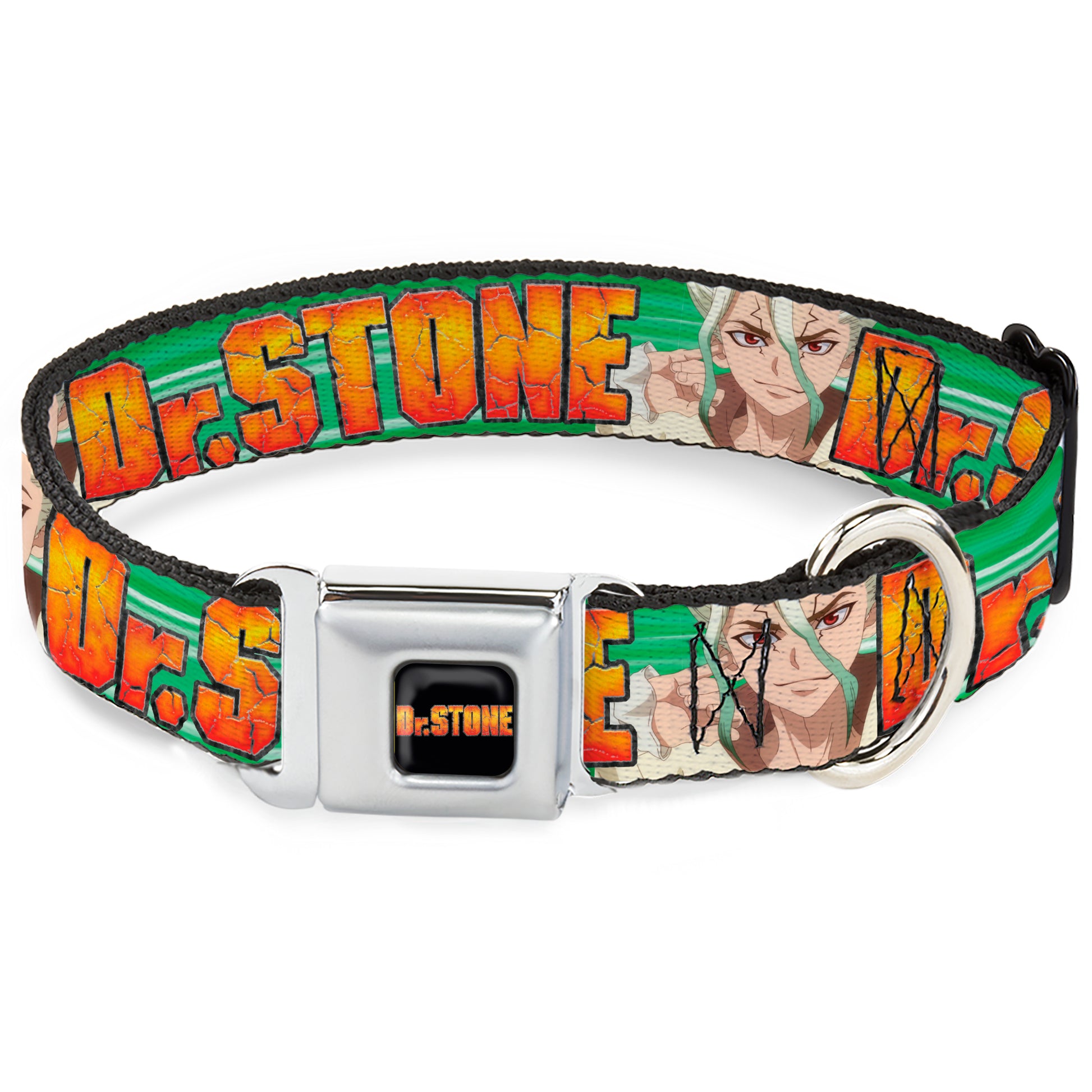 DR. STONE Title Logo Full Color Black/Orange Seatbelt Buckle Collar - DR. STONE Title Logo and Suika Face Close-Up Greens Seatbelt Buckle Collars Dr. Stone