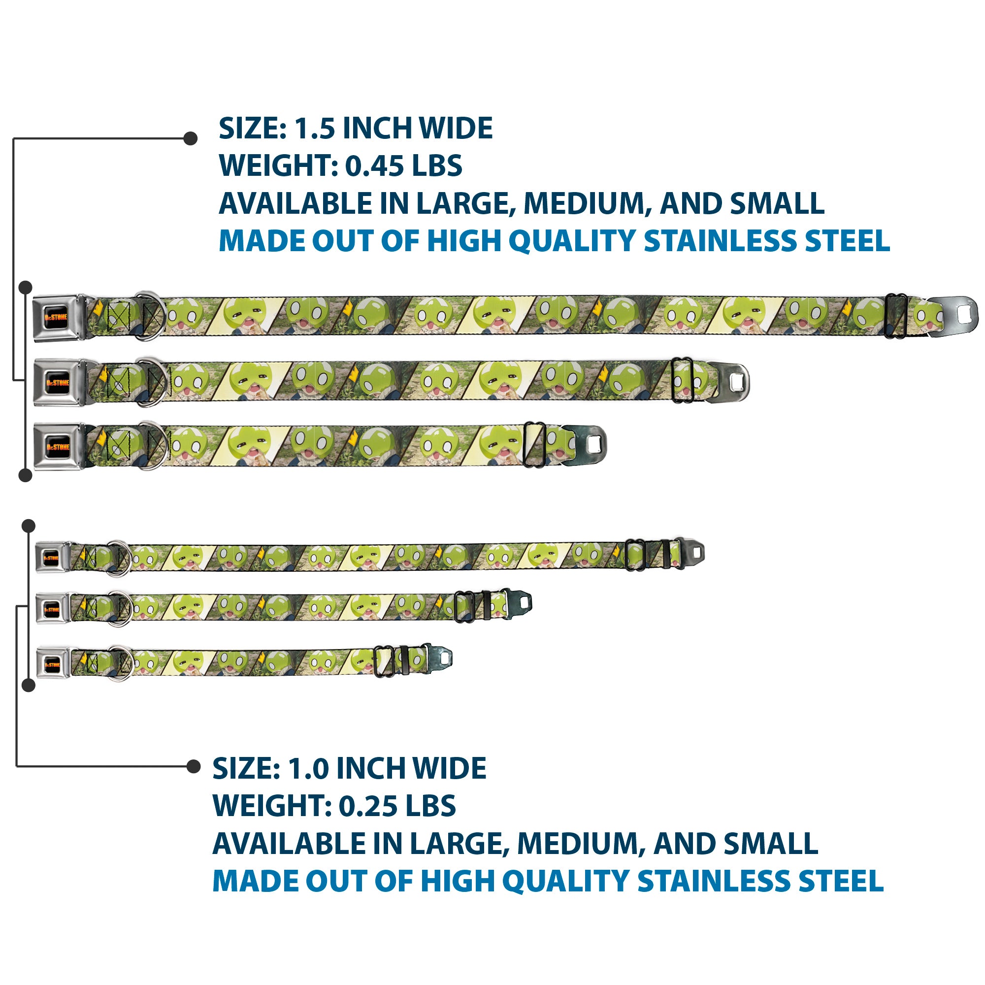 DR. STONE Title Logo Full Color Black/Orange Seatbelt Buckle Collar - DR. STONE Title Logo and Suika Pose Blocks Seatbelt Buckle Collars Dr. Stone