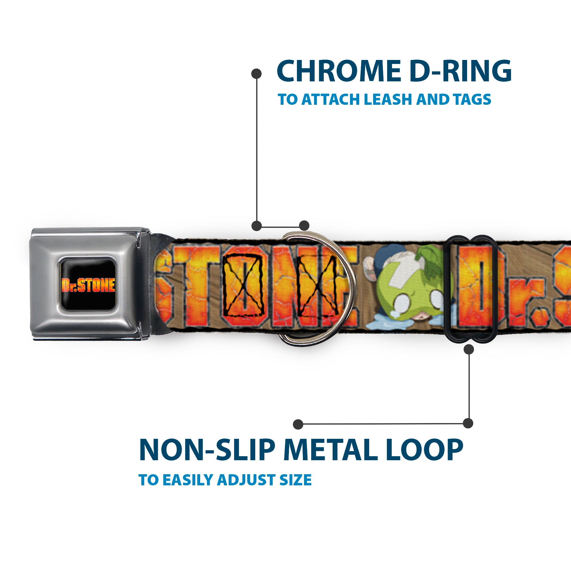 DR. STONE Title Logo Full Color Black/Orange Seatbelt Buckle Collar - DR. STONE Title Logo and Suika Crying Pose Browns Seatbelt Buckle Collars Dr. Stone
