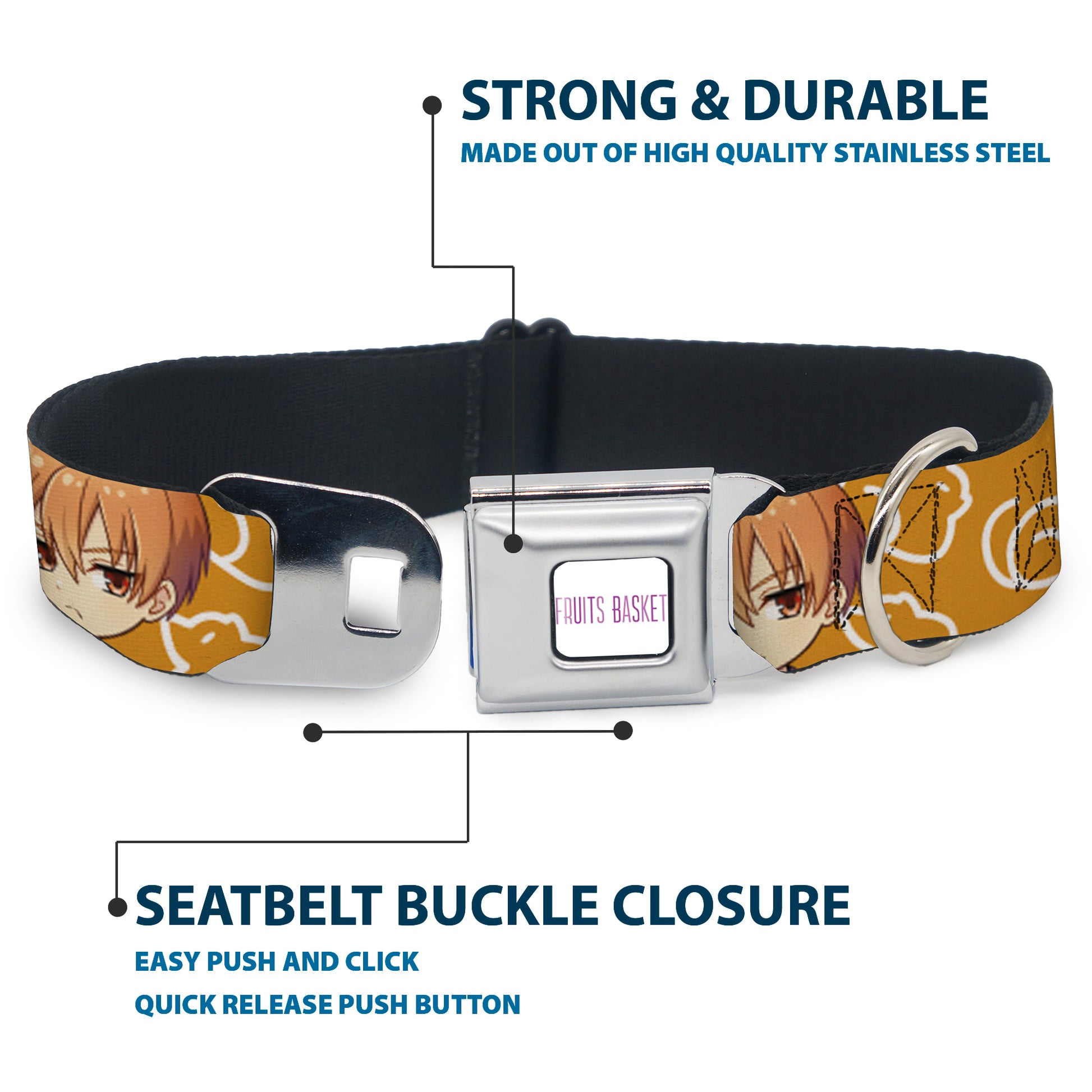 FRUITS BASKET Title Logo Full Color White/Purple Seatbelt Buckle Collar - Fruits Basket Chibi Kyo Soma Face and Kimono Cat Icon Orange/White Seatbelt Buckle Collars Fruits Basket