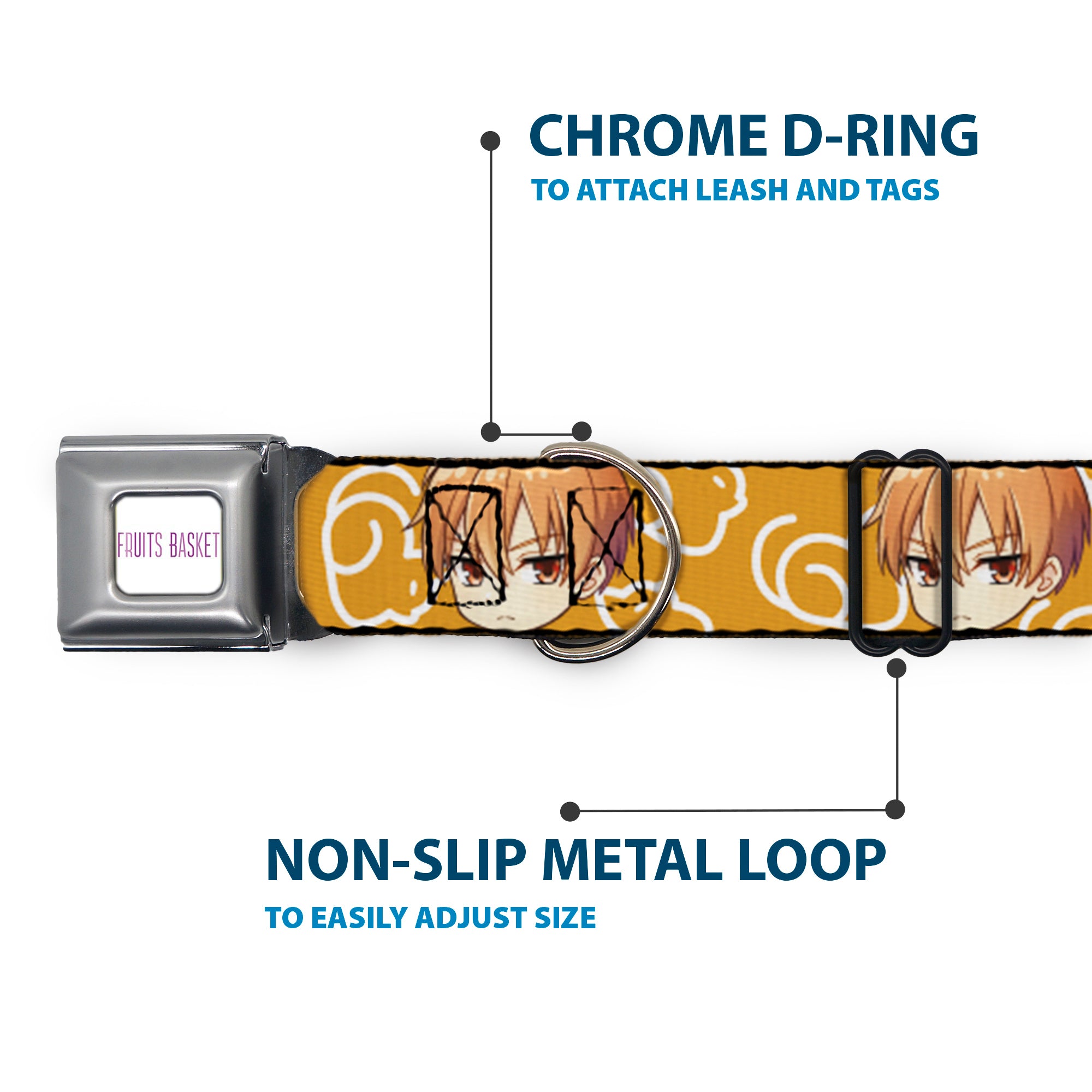 FRUITS BASKET Title Logo Full Color White/Purple Seatbelt Buckle Collar - Fruits Basket Chibi Kyo Soma Face and Kimono Cat Icon Orange/White Seatbelt Buckle Collars Fruits Basket