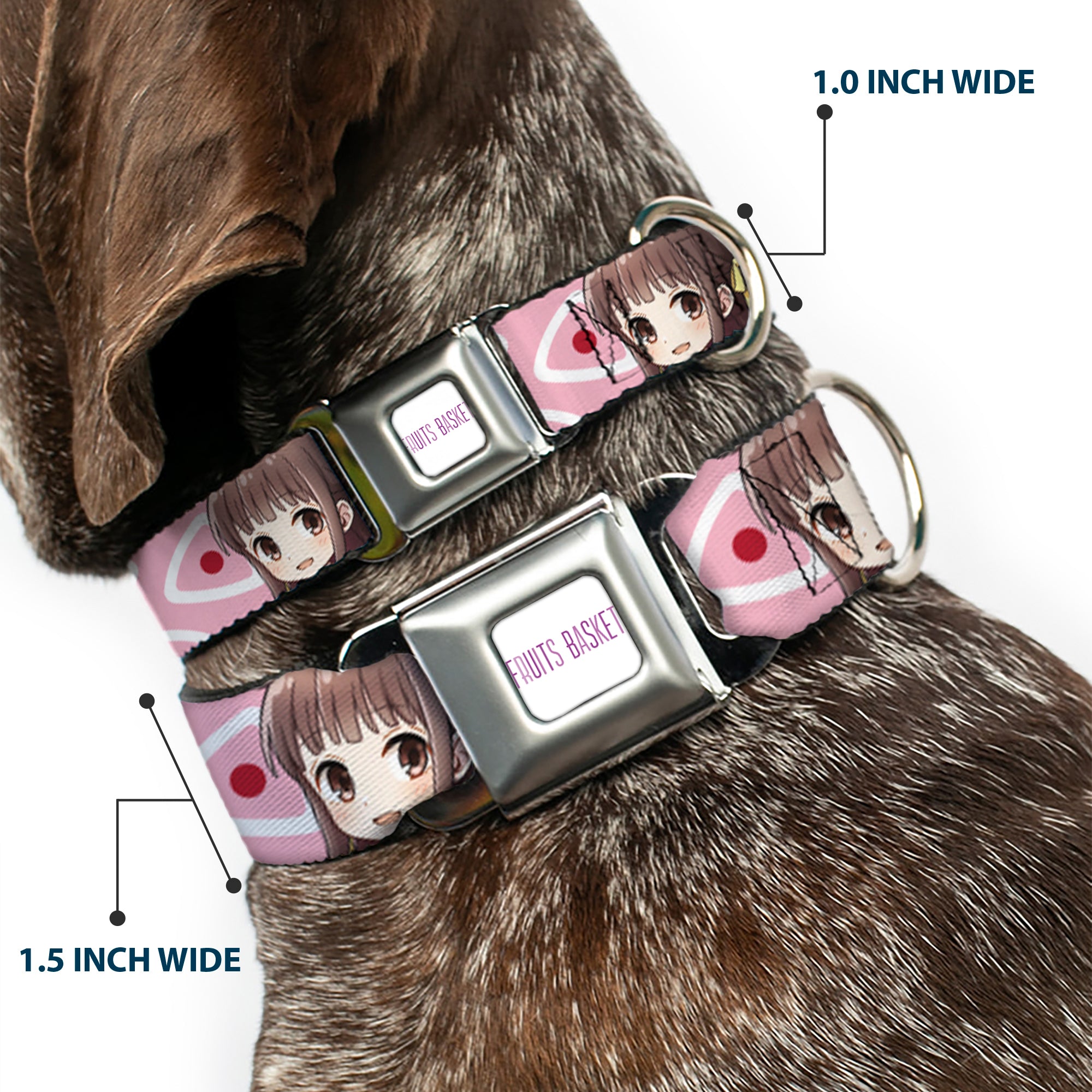 FRUITS BASKET Title Logo Full Color White/Purple Seatbelt Buckle Collar - Fruits Basket Chibi Tohru Honda Face and Kimono Rice Ball Icon Pink/White/Red Seatbelt Buckle Collars Fruits Basket