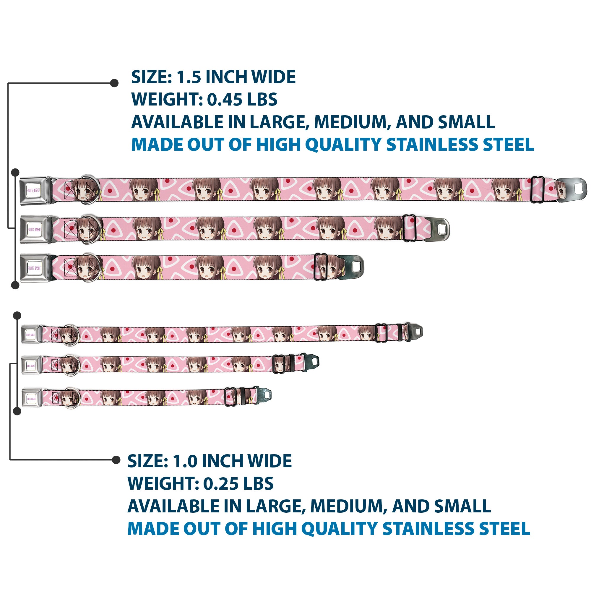 FRUITS BASKET Title Logo Full Color White/Purple Seatbelt Buckle Collar - Fruits Basket Chibi Tohru Honda Face and Kimono Rice Ball Icon Pink/White/Red Seatbelt Buckle Collars Fruits Basket