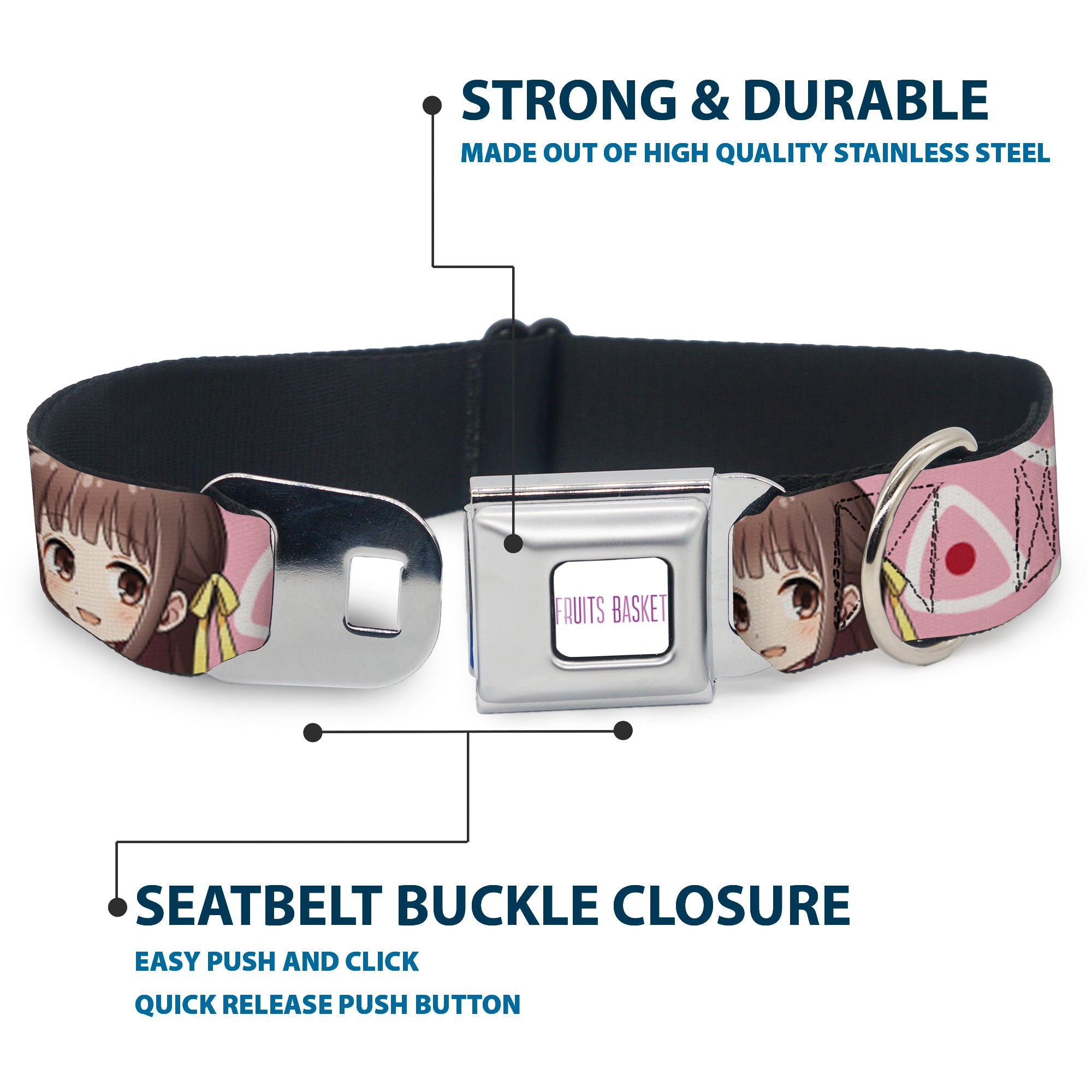 FRUITS BASKET Title Logo Full Color White/Purple Seatbelt Buckle Collar - Fruits Basket Chibi Tohru Honda Face and Kimono Rice Ball Icon Pink/White/Red Seatbelt Buckle Collars Fruits Basket