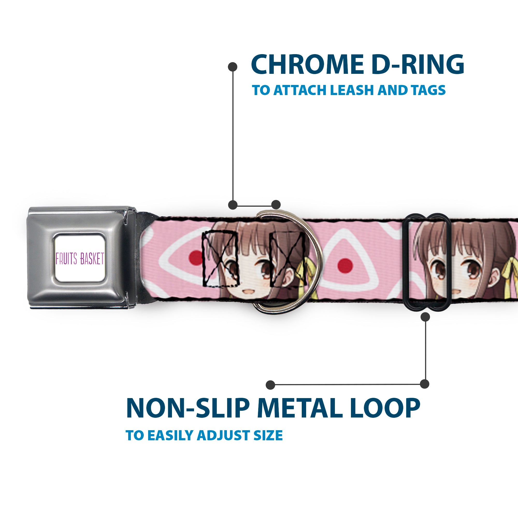 FRUITS BASKET Title Logo Full Color White/Purple Seatbelt Buckle Collar - Fruits Basket Chibi Tohru Honda Face and Kimono Rice Ball Icon Pink/White/Red Seatbelt Buckle Collars Fruits Basket